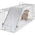 Front. VEVOR - Live Animal Cage Trap, 31" x 10" x 12" Humane Cat Trap Galvanized Iron, Folding Animal Trap with Handle for Rabbits.
