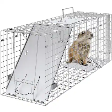 Front. VEVOR - Live Animal Cage Trap, 31" x 10" x 12" Humane Cat Trap Galvanized Iron, Folding Animal Trap with Handle for Rabbits.