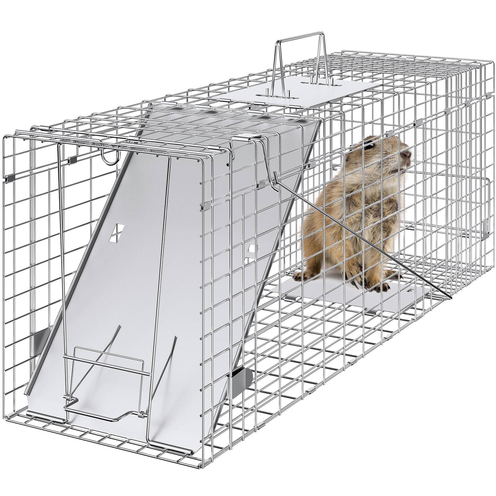 Front. VEVOR - Live Animal Cage Trap, 31" x 10" x 12" Humane Cat Trap Galvanized Iron, Folding Animal Trap with Handle for Rabbits.