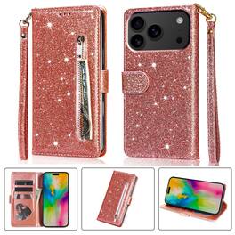 Dteck - Zipper Wallet Card Bling Glitter Sparkly Case for Apple iPhone 17 Pro, Shockproof PU Leather Holder Strap Cover - Rosegold