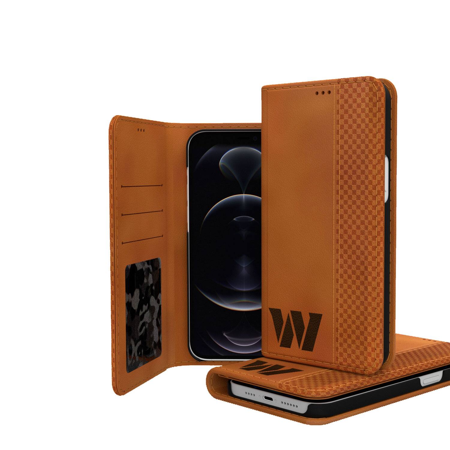 The text on the image is:

- "W" (on the phone case and stand)