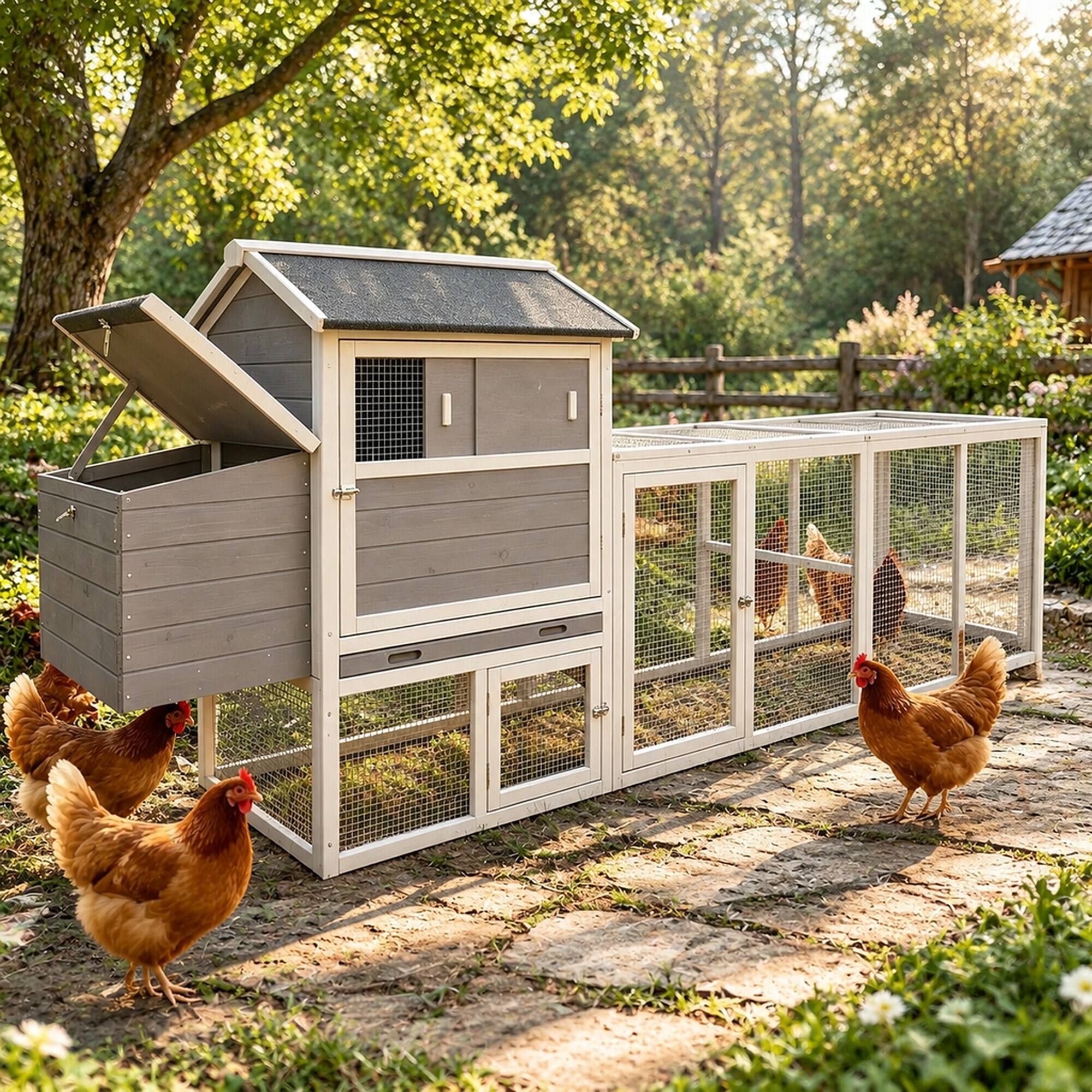 Angle. RYHNUYNE - Gray Wooden Chicken Coop, Large Outdoor Hen House, Waterproof Anti-UV Roof, Sliding Door, Nesting Box.