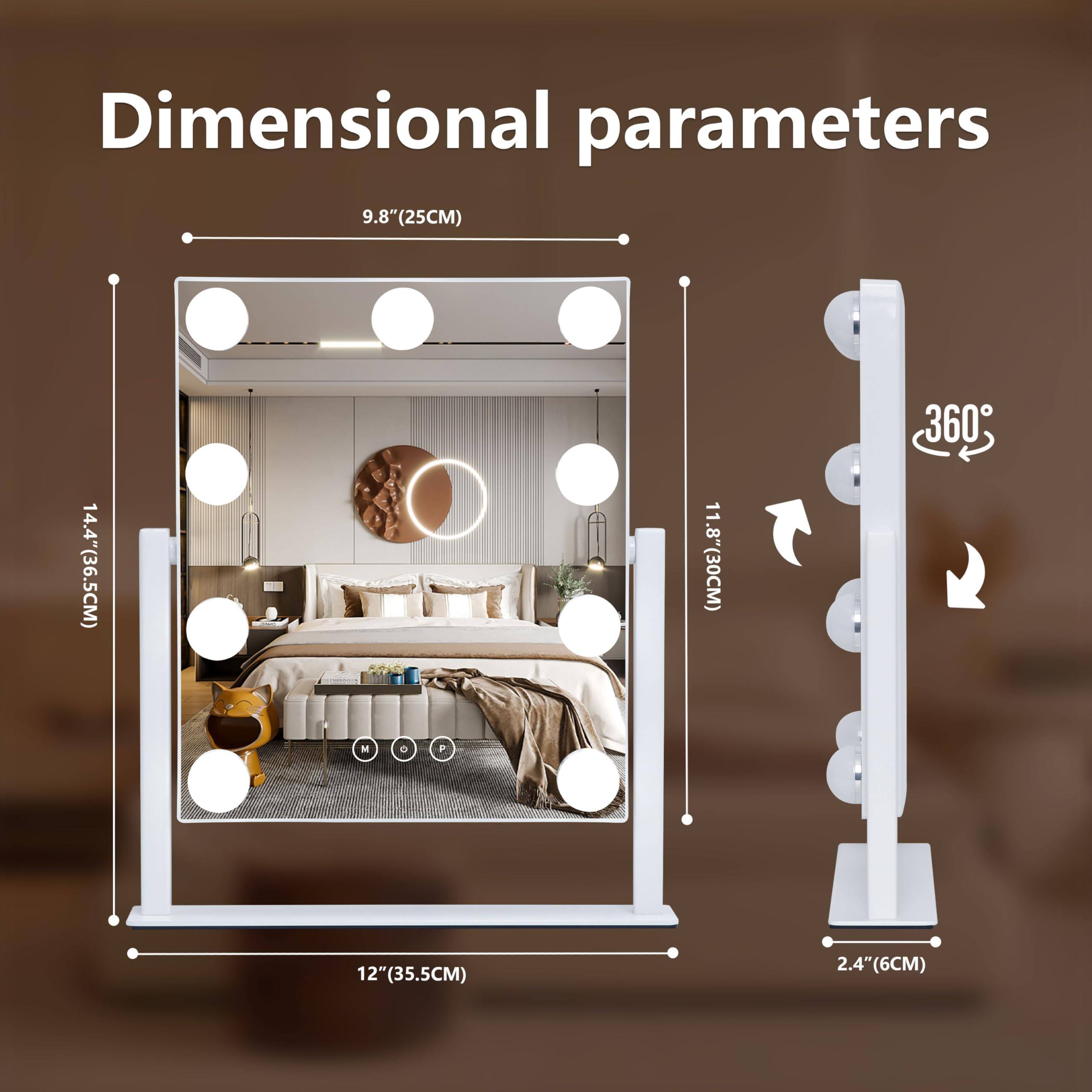 Dimensional parameters

- Height: 14.4" (36.5CM)
- Width: 12" (35.5CM)
- Depth: 9.8" (25CM)
- Thickness: 2.4" (6CM)
- Rotation: 360°