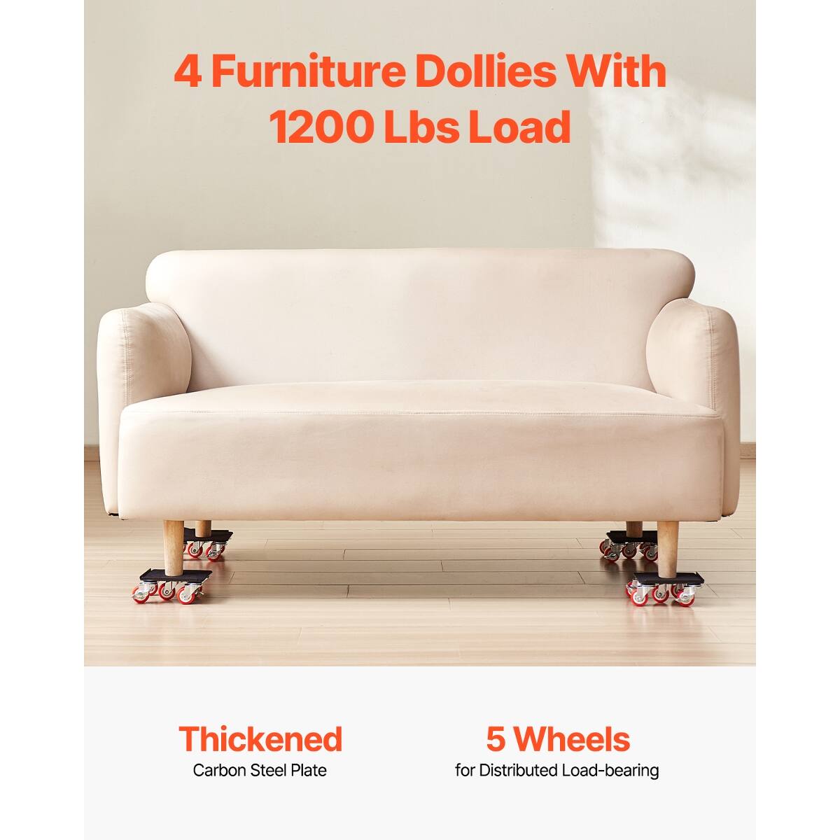 4 Furniture Dollies With 1200 Lbs Load

Thickened Carbon Steel Plate

5 Wheels for Distributed Load-bearing
