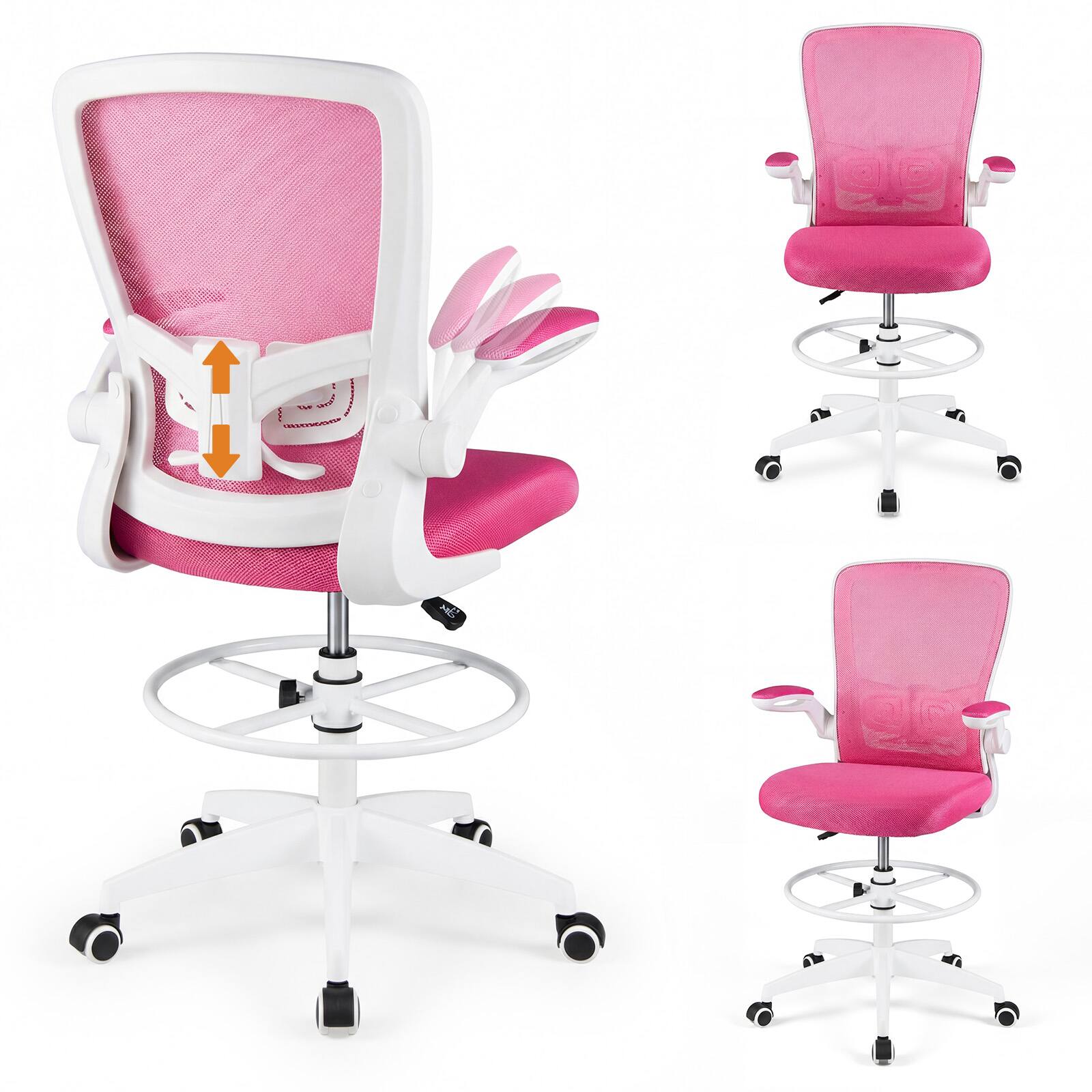 Alt View 9. Gymax - Gymax 2PCS Home Office Drafting Chair w/Flip-Up Armrests Adjustable Footrest Ring - Pink.