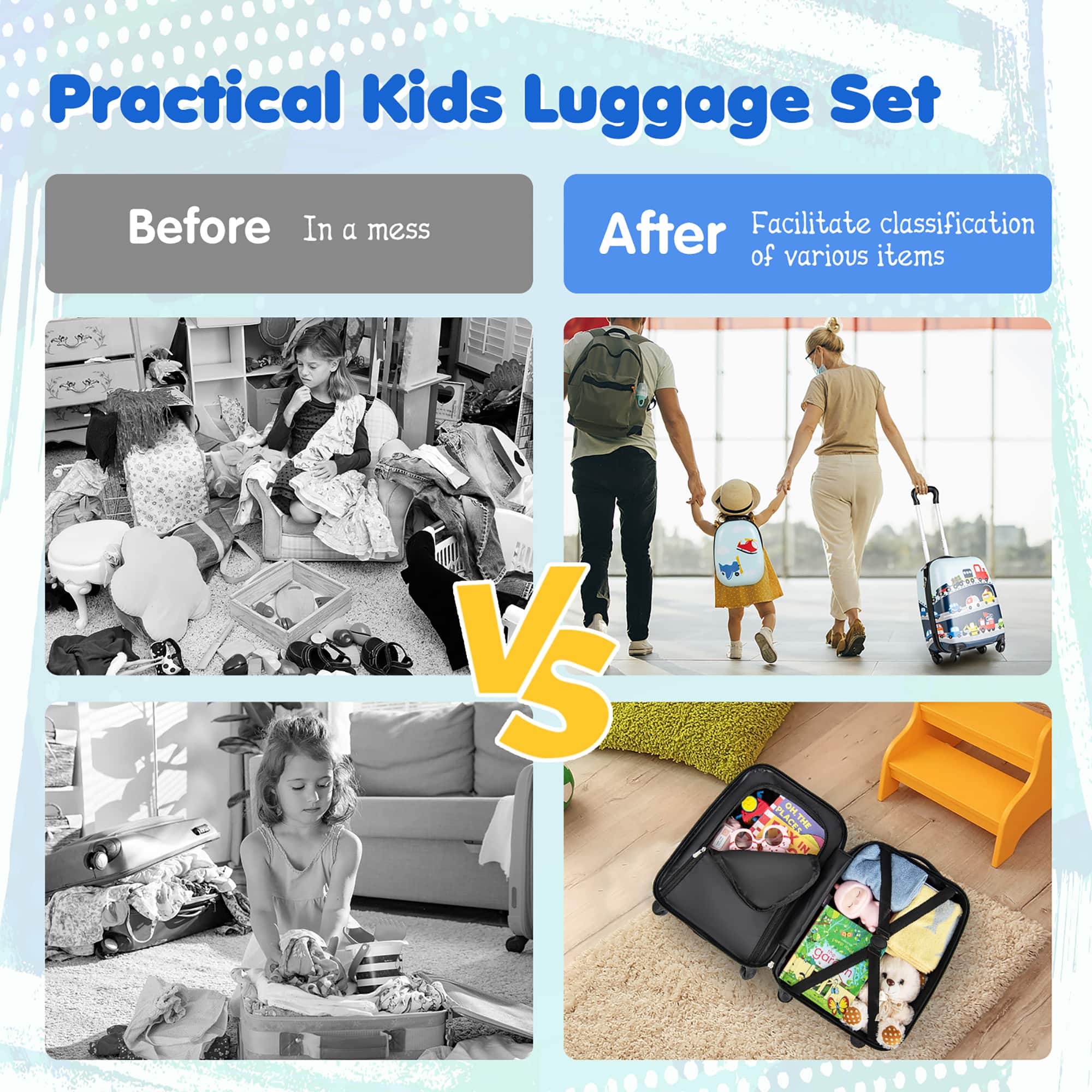 Practical Kids Luggage Set Before In a mess After Facilitate classification of various items VS gar