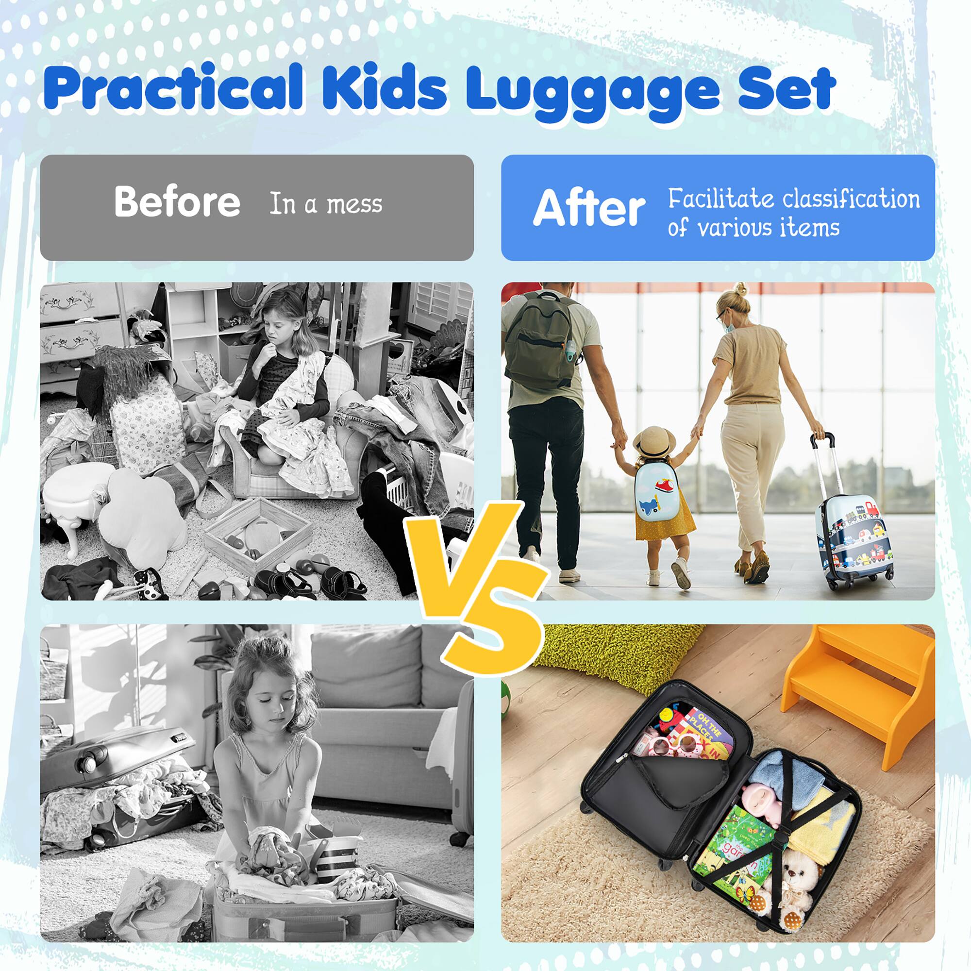 Practical Kids Luggage Set Before In a mess After Facilitate classification of various items VS gar