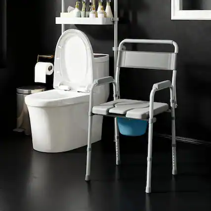 Front. TinyHomie - Raised Toilet Seat with Arm Bedside Commode Chair for Seniors Adults Handicap - Gray.