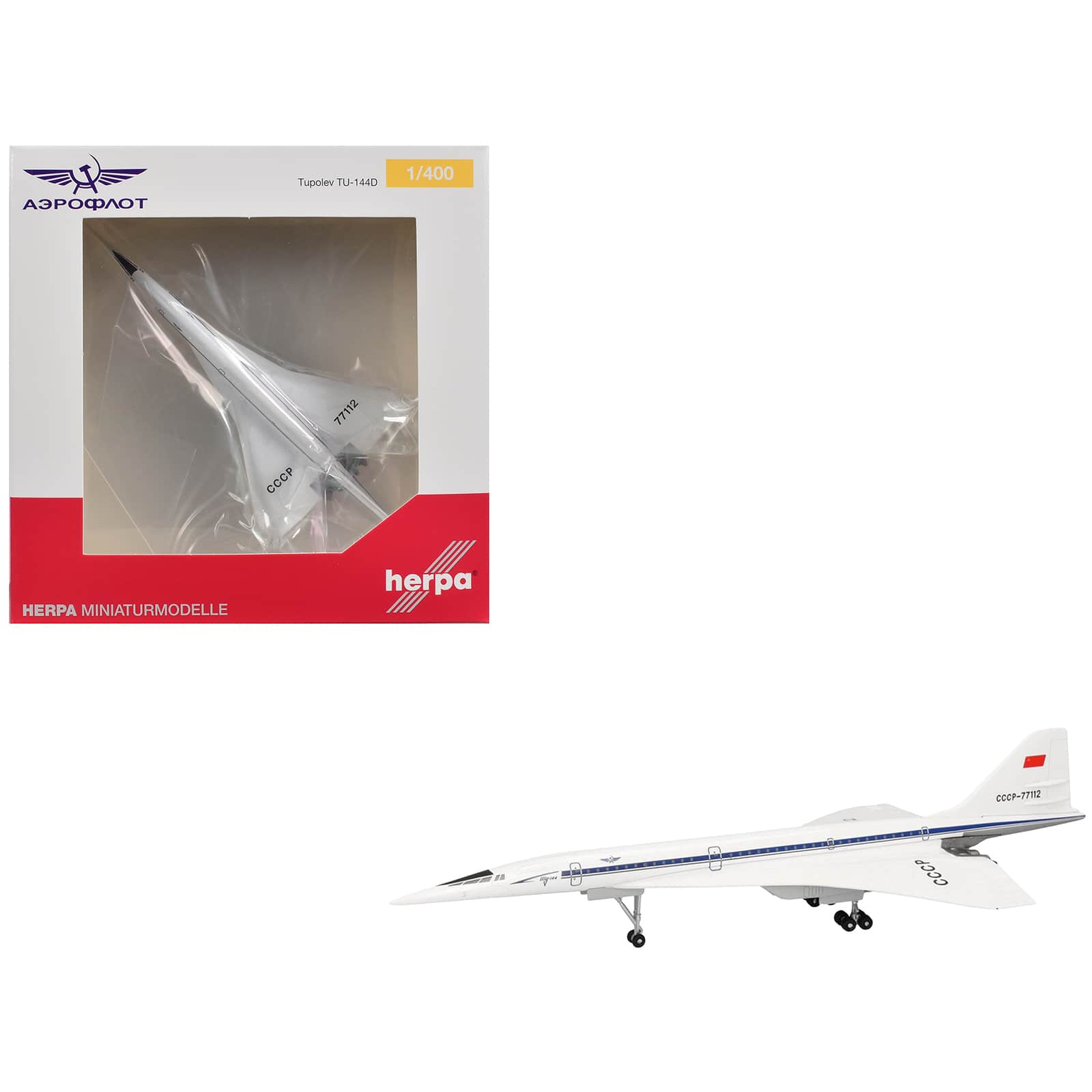 "Tupolev Tu-144D Commercial Aircraft ""Aeroflt"" (CCCP-77112) White with Blue Stripes 1/400 Diecast Model Airplane by Herpa" price history on PriceWatchPro