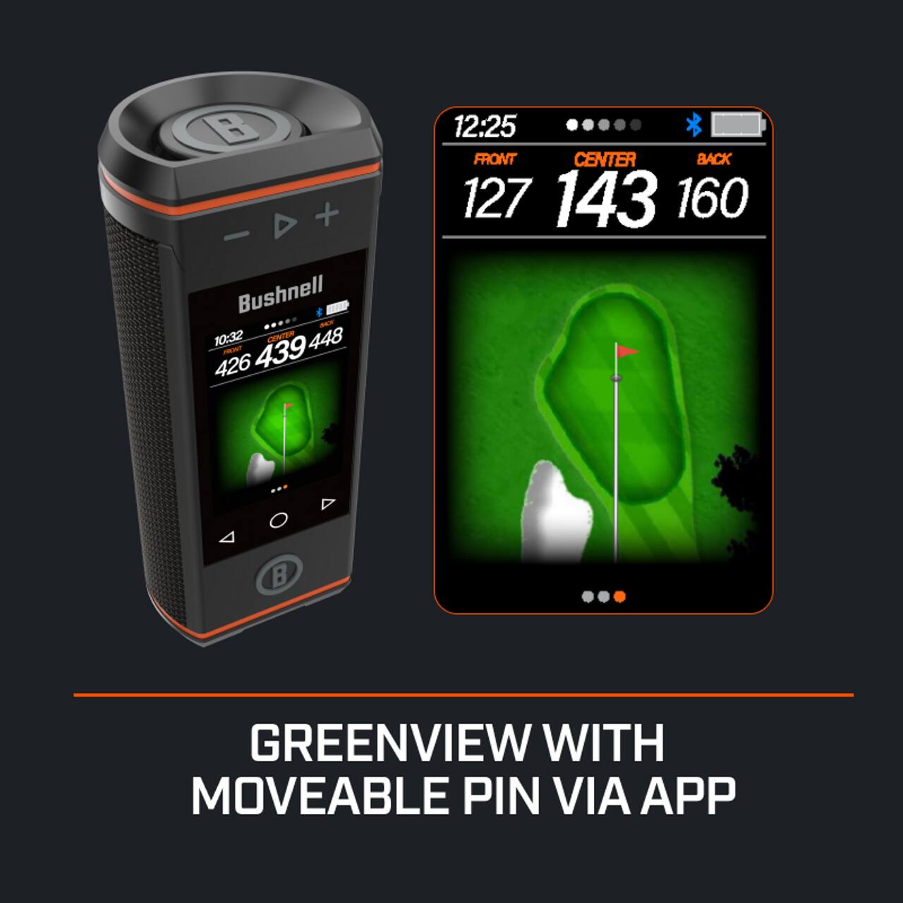 Bushnell  
10:32  
426 439 448  

12:25  
FRONT 127  
CENTER 143  
BACK 160  

GREENVIEW WITH MOVEABLE PIN VIA APP