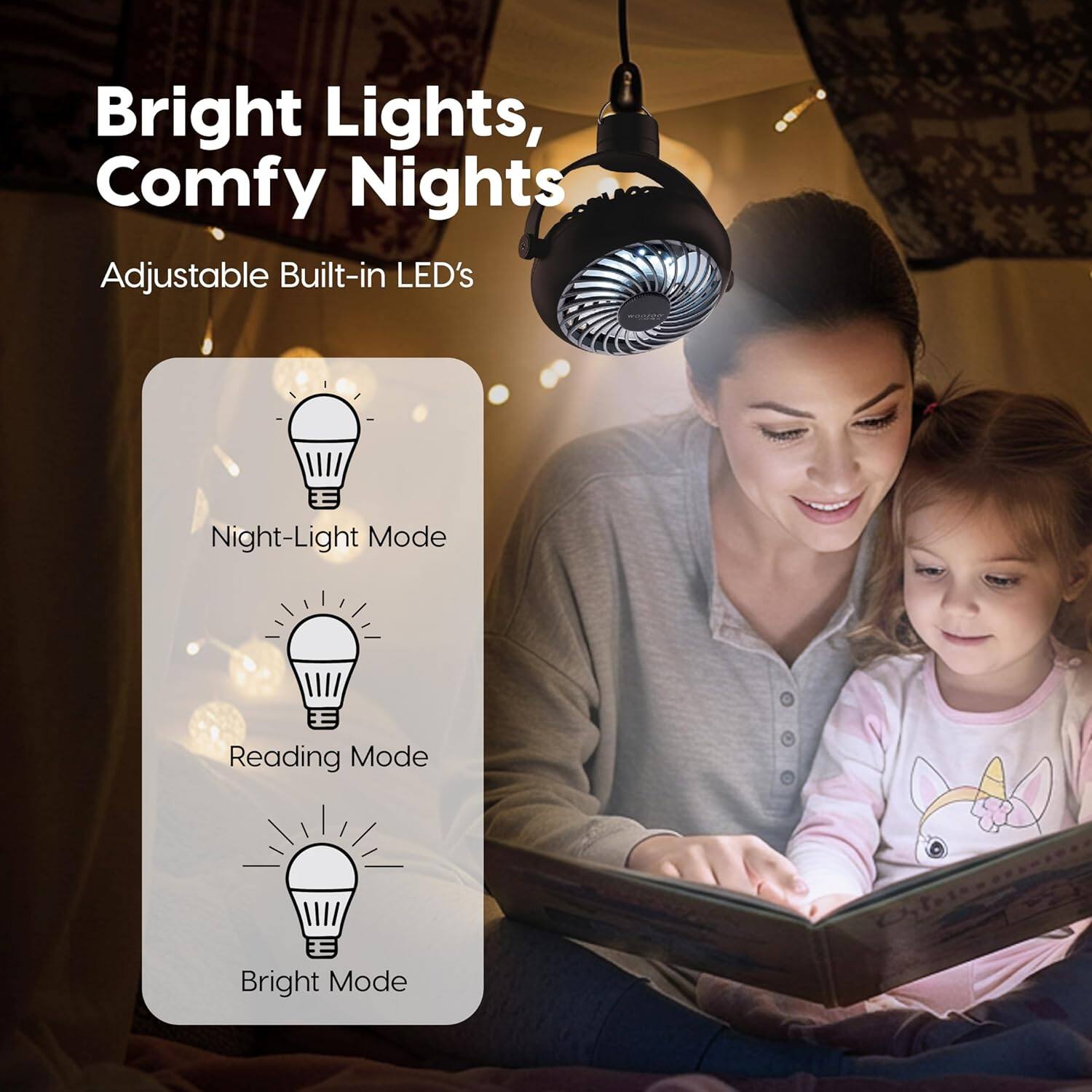 Bright Lights, Comfy Nights  
Adjustable Built-in LED's  
Night-Light Mode  
Reading Mode  
Bright Mode