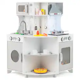 Gymax - Corner Wooden Play Kitchen Kids Kitchen Playset w/ Microwave Range Hood Gift - Gray