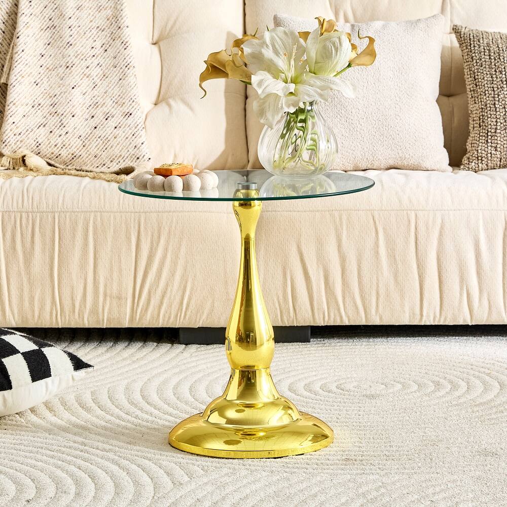 Left. Loheer - Loheer Small Metal Side Table Round Glass Top Gold End Table - Gold.