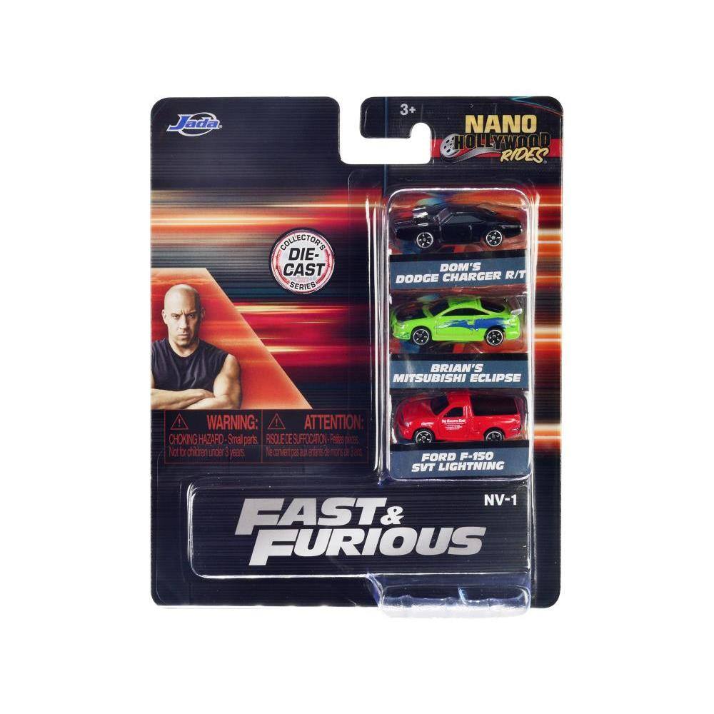 Jada 3+ NANO HOLLYWOOD RIDES. COLLECTORS DIE-CAST SERIES  
DOM'S DODGE CHARGER R/T  
BRIAN'S MITSUBISHI ECLIPSE  
FORD F-150 SVT LIGHTNING NV-1  

WARNING: ATTENTION: CHOKING HAZARD - Small parts. Not for children under 3 years.  
FAST & FURIOUS