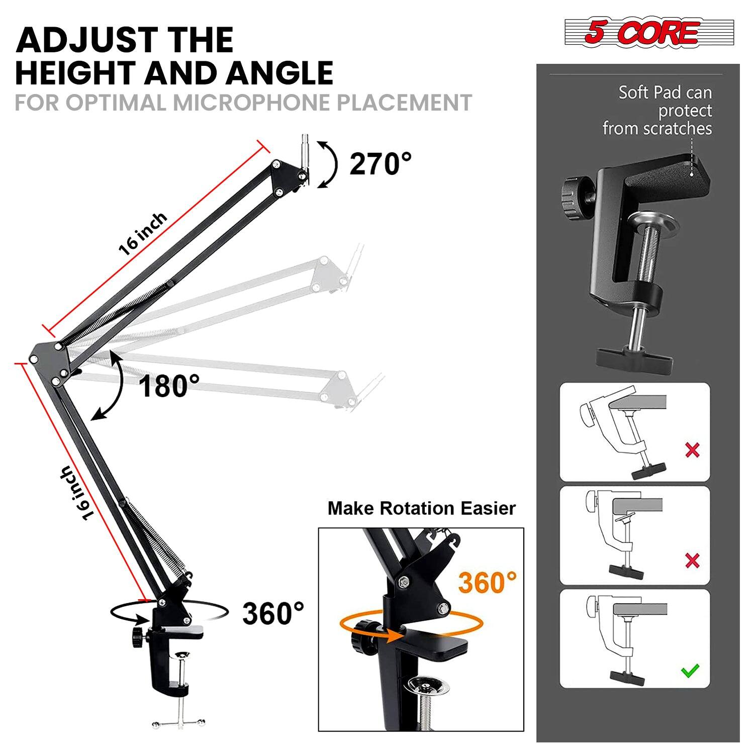 Adjust the height and angle for optimal microphone placement. The stand can be adjusted to 270°, 180°, and 360°. The 5-core soft pad can protect from scratches. The stand makes rotation easier.