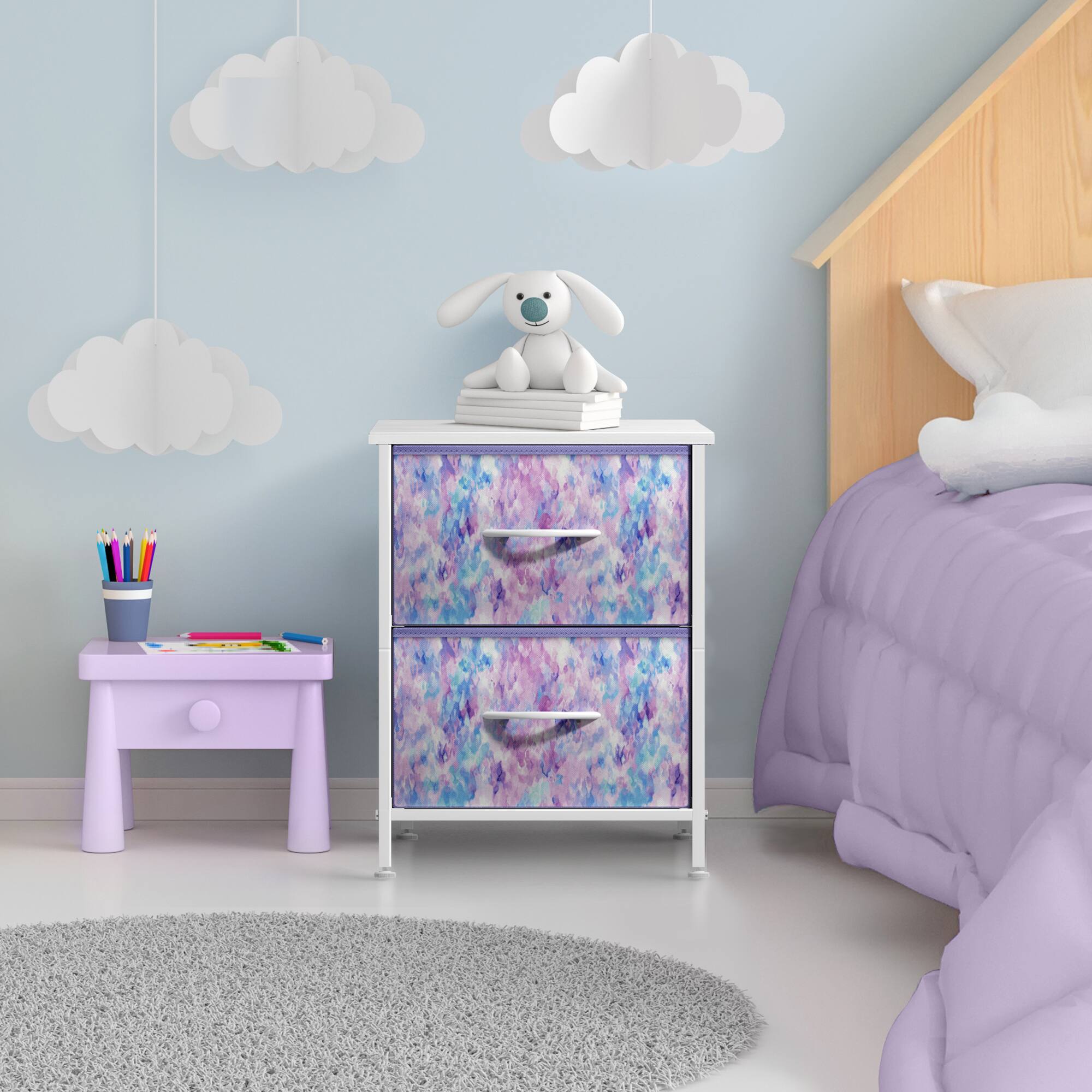 Angle. Sorbus - Sorbus Nightstand with 2 Drawers - Steel Frame, Wood Top &Fabric Bins -Home, Bedroom, Office &College Dorm, Kids Bedside - Tie Dye Purple.