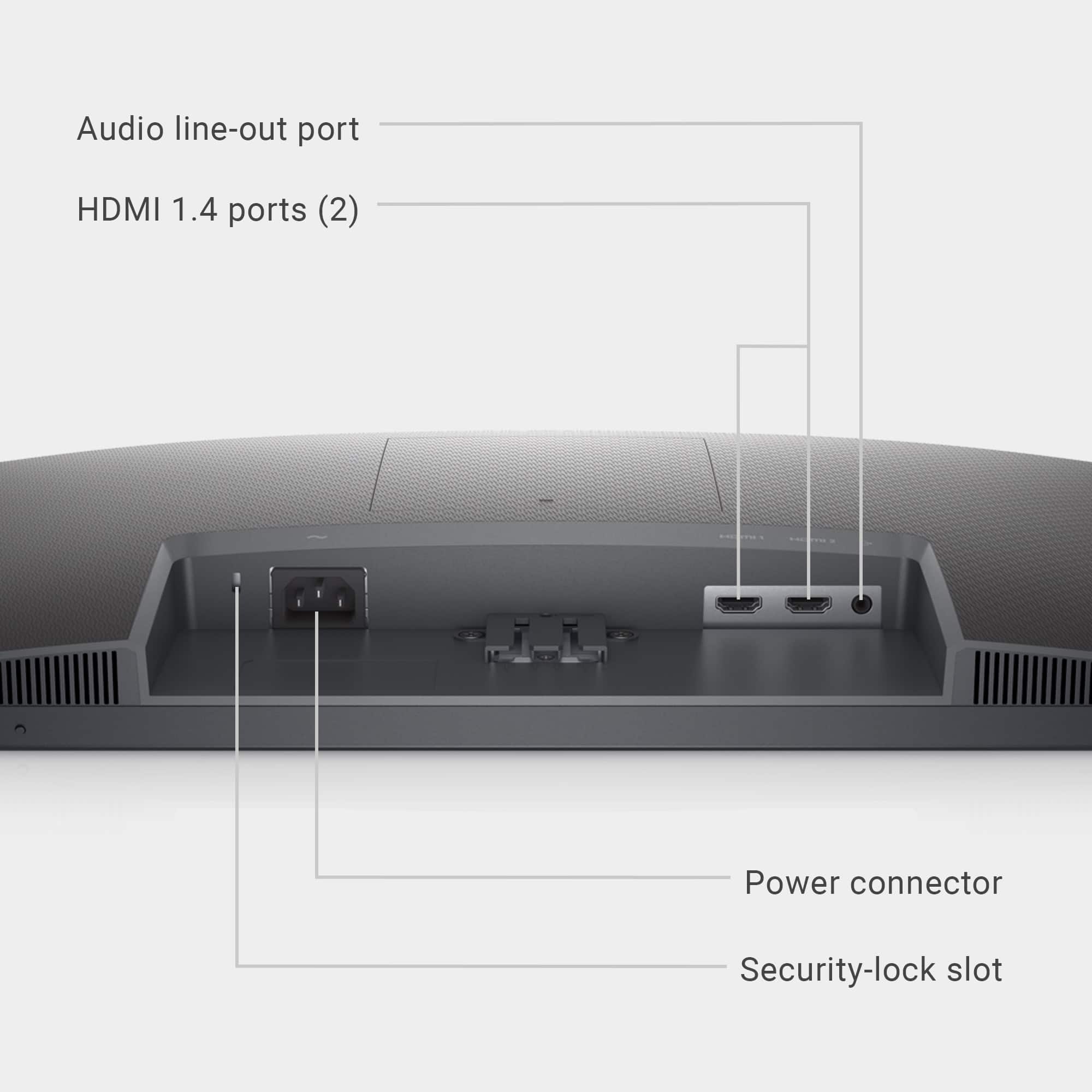 Audio line-out port, HDMI 1.4 ports (2), Power connector, Security-lock slot.