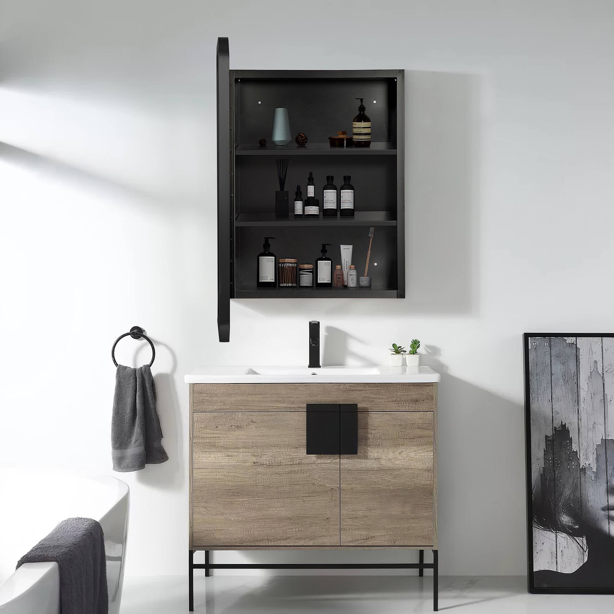 PexFix - 16" x 24" Rectangular Mirror Medicine Cabinet - Metal Frame, Recessed or Surface Mount for Bathroom Storage - Black