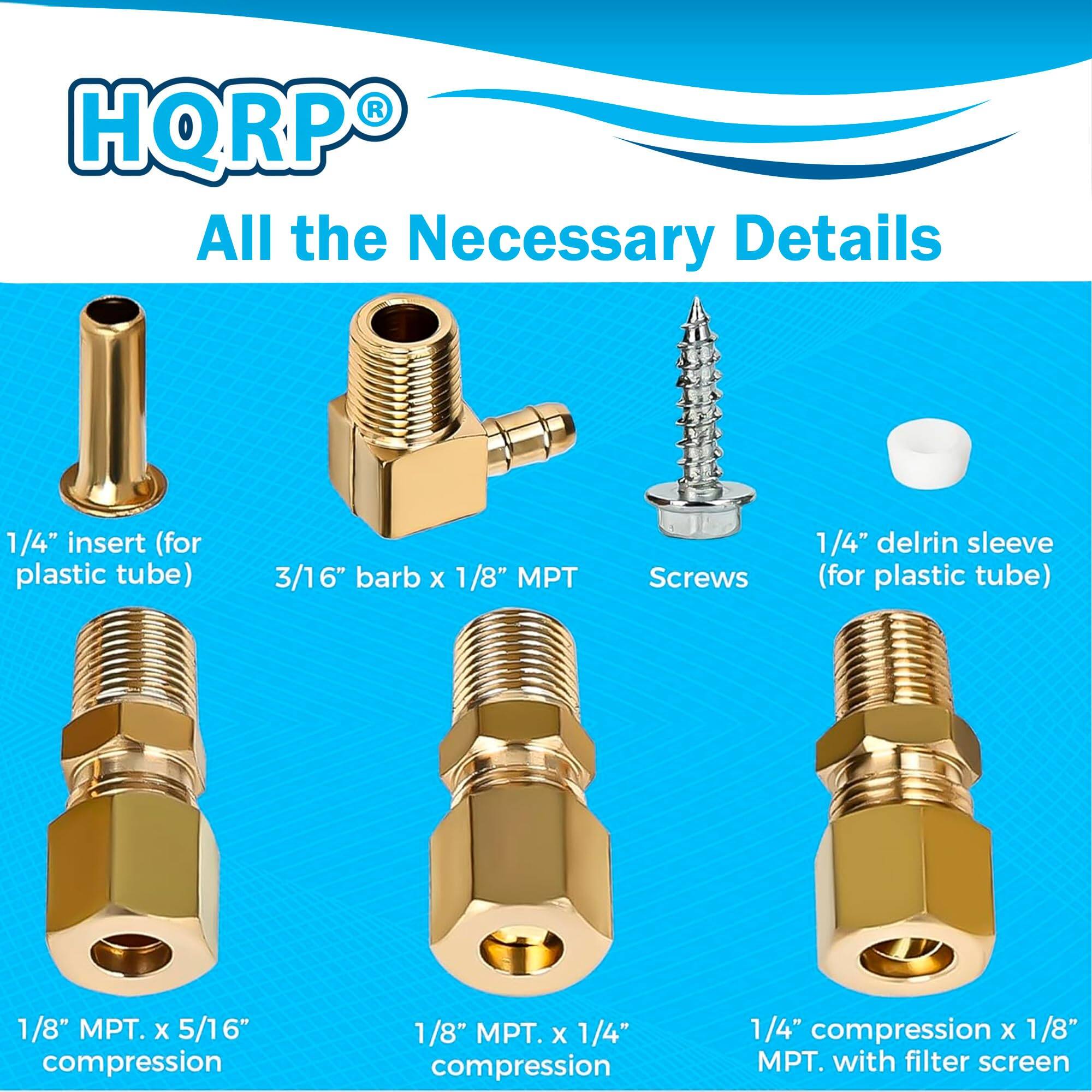 HQRP®  
All the Necessary Details

- 1/4" insert (for plastic tube)
- 3/16" barb x 1/8" MPT
- Screws
- 1/4" delrin sleeve (for plastic tube)
- 1/8" MPT x 5/16" compression
- 1/8" MPT x 1/4" compression
- 1/4" compression x 1/8" MPT with filter screen