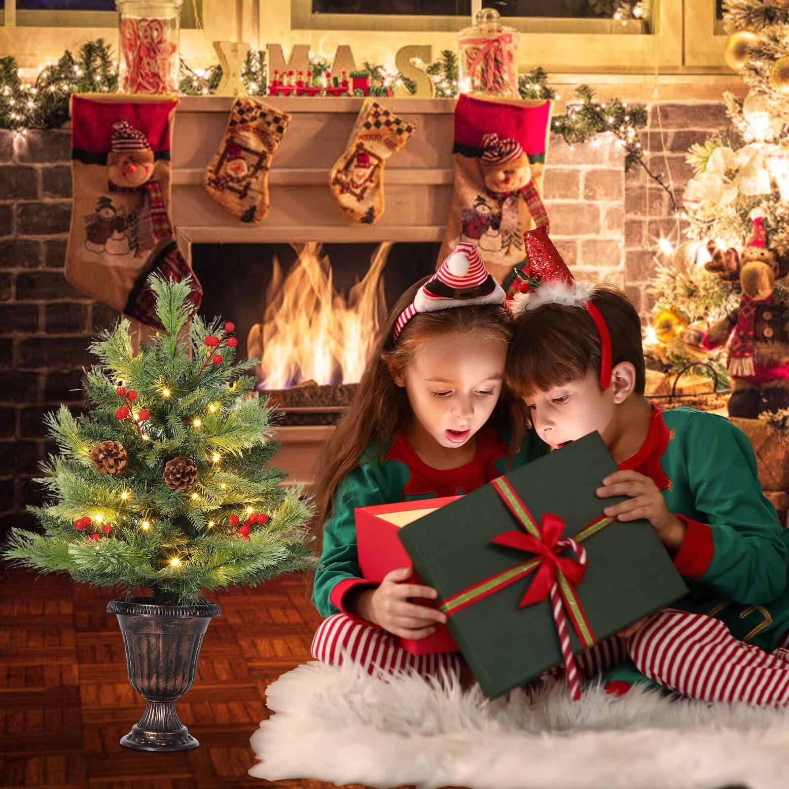 Alt View 1. GARVEE - 2FT Pre-Lit Potted Christmas Tree 40 LED Lights Artificial Mini Tree for Home Office Table Decor - 2ft.