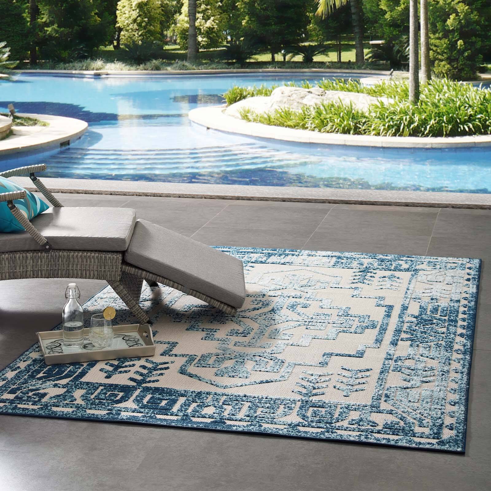 Left. Modway - Reflect Nyssa Distressed Geometric Southwestern Aztec Indoor/Outdoor Area Rug - Ivory and Blue.