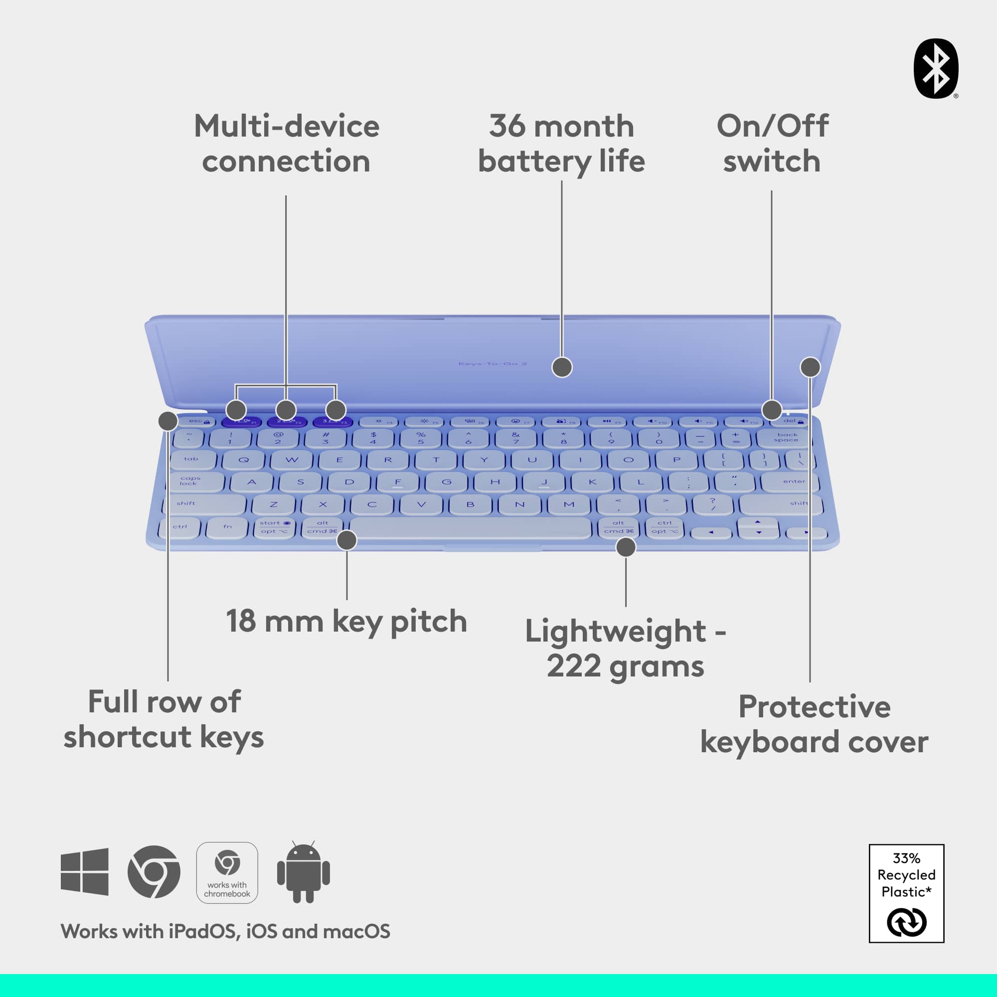 Multi-device connection 36 month battery life On/Off switch | | - - - - - I - - - - . S - - a - - 4 - . . I 1 + - - W . F 1 Y . - D F - 1 1 - A . F s .. - . 1 + . 2 - F V " na M1 . - i - -e . ... - ... - . -.- - 18 mm key pitch Lightweight - 222 grams Full row of Protective shortcut keys keyboard cover works with chromebook 33% Recycled Plastic* Works with iPadOS, iOS and macOS