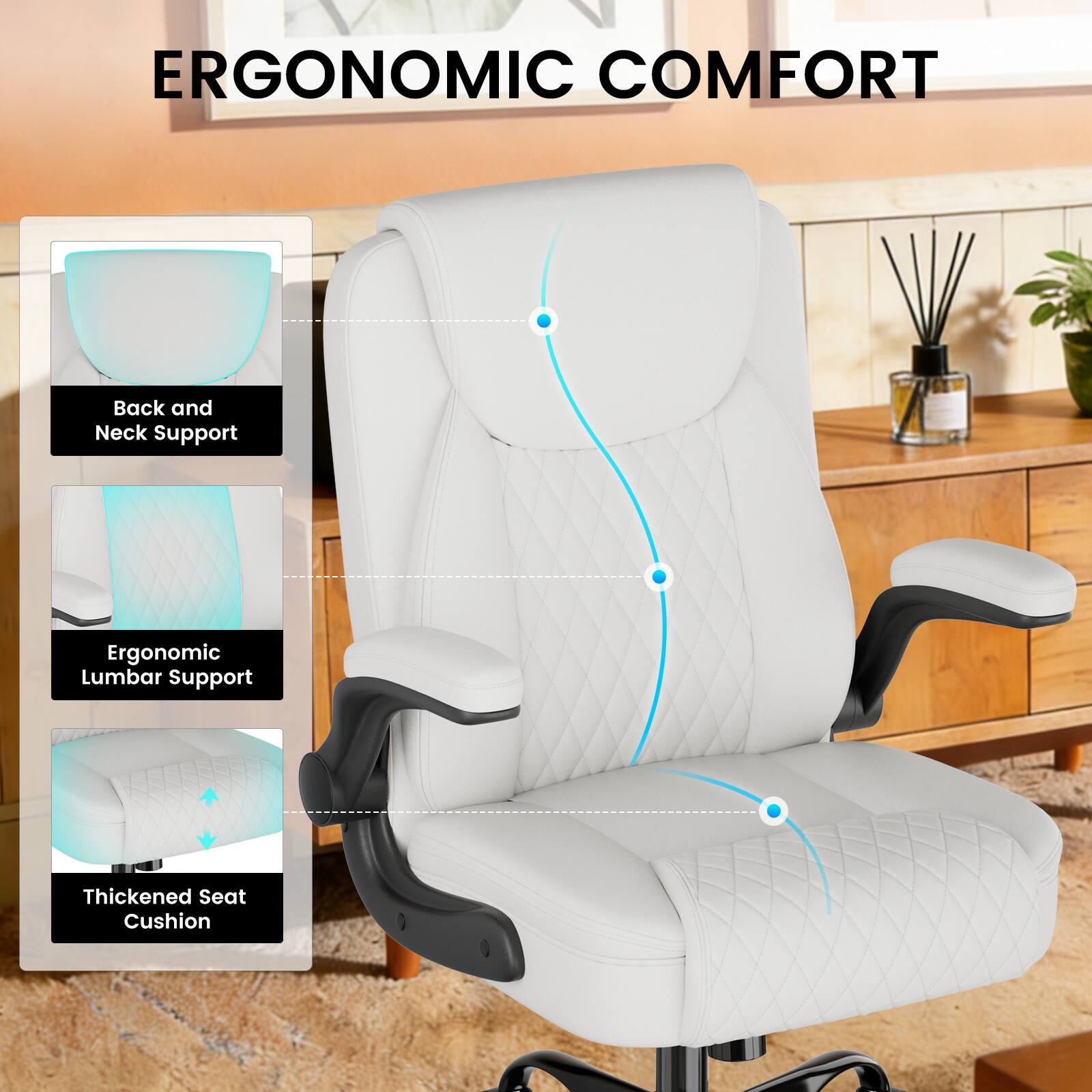 ERGONOMIC COMFORT

- Back and Neck Support
- Ergonomic Lumbar Support
- Thickened Seat Cushion
