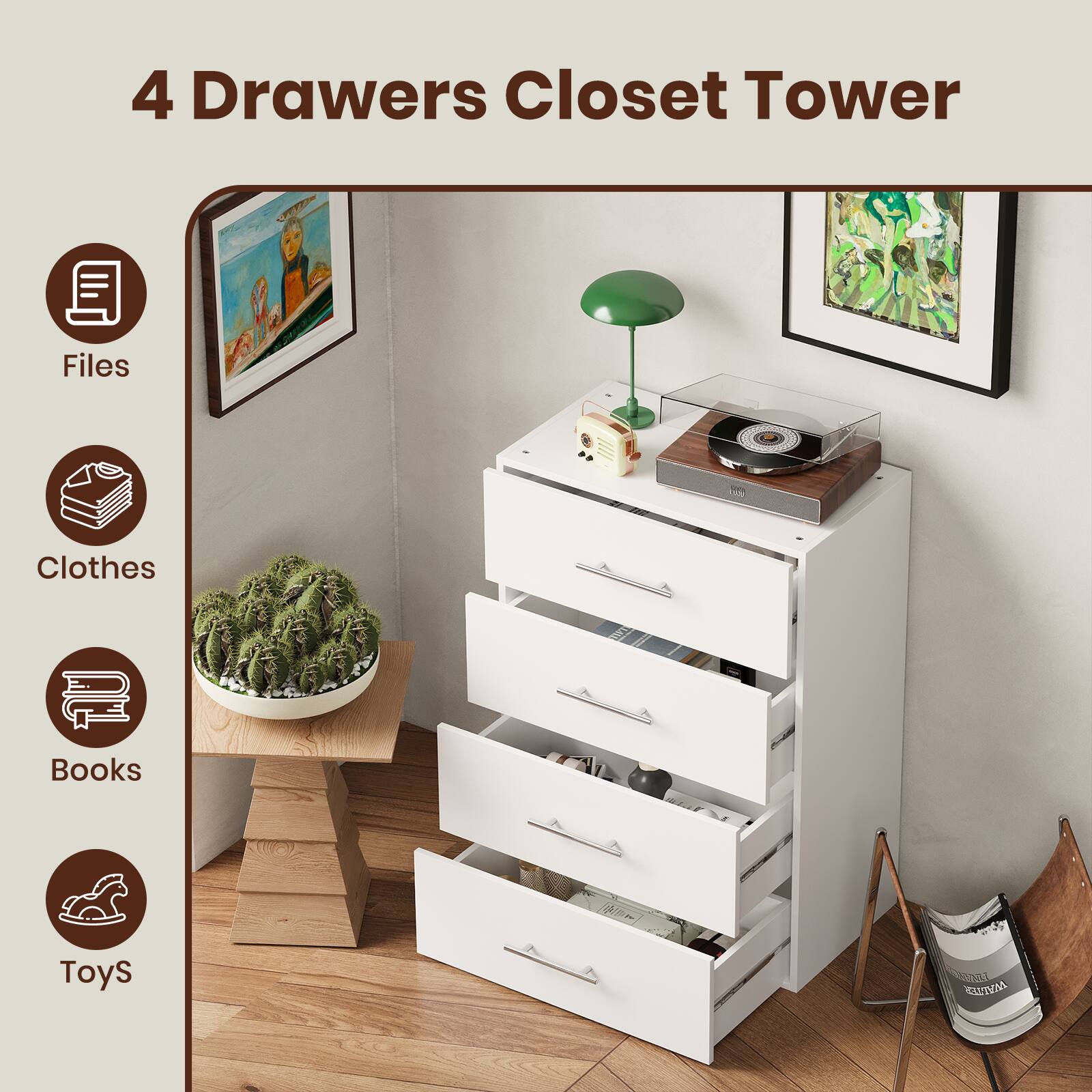4 Drawers Closet Tower

Files
Clothes
Books
Toys