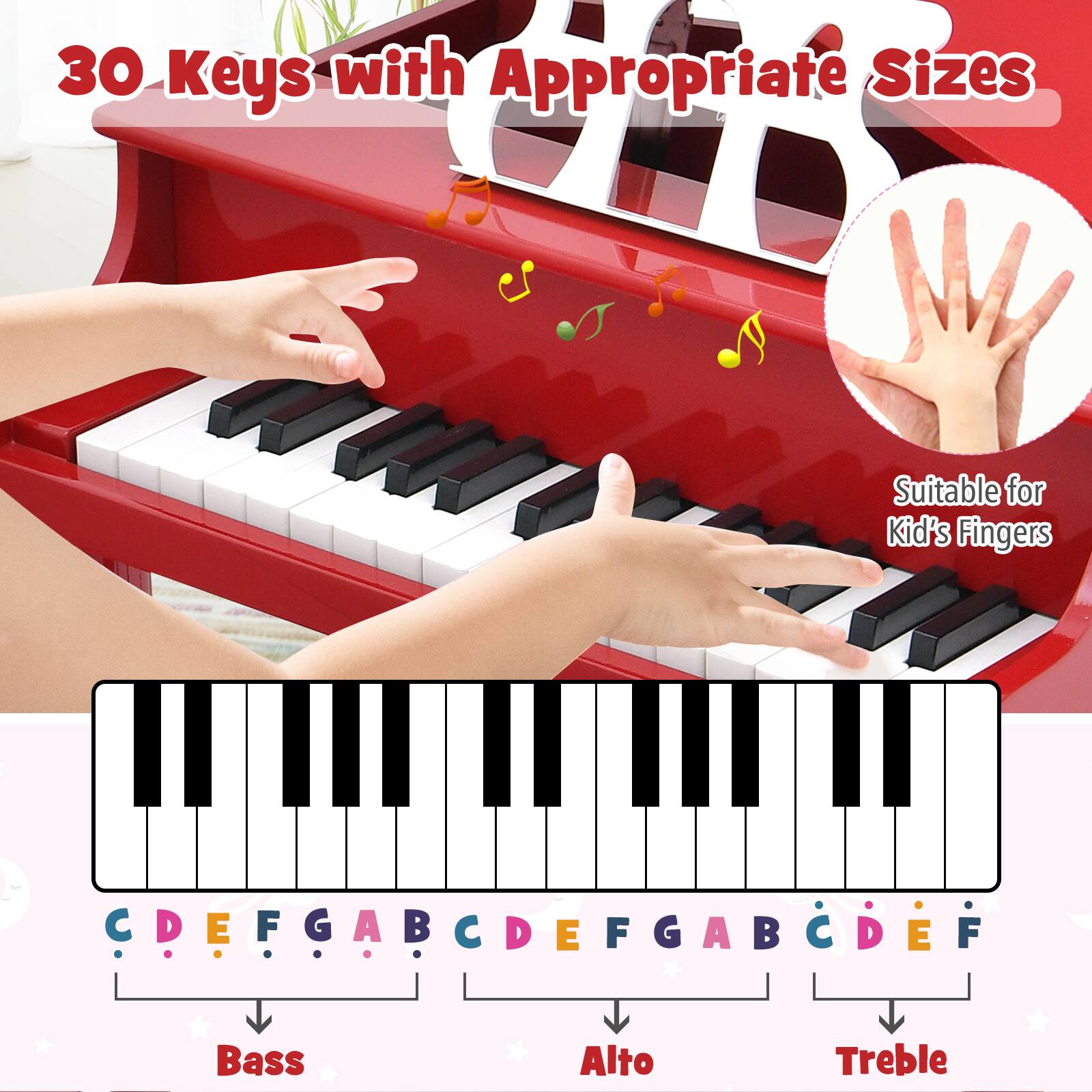 30 Keys with Appropriate Sizes

Suitable for Kid's Fingers

C D E F G A B C D E F G A B C D E F

Bass   Alto   Treble
