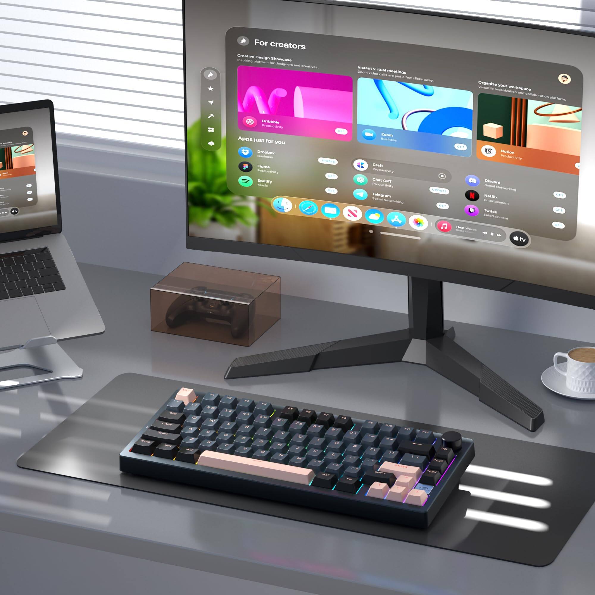 For creators

Creative Design Showcase

Apps just for you
- Dropbox
- Figma
- Protopie
- Spotify
- Zoom
- Notion

Instant virtual meetings

Organize your workspace

Craft
- Productivity
- ChatGPT
- Telegram
- Notion
- Discord
- Netflix
- TechCrunch
- Heat Vision
- Apple TV

-