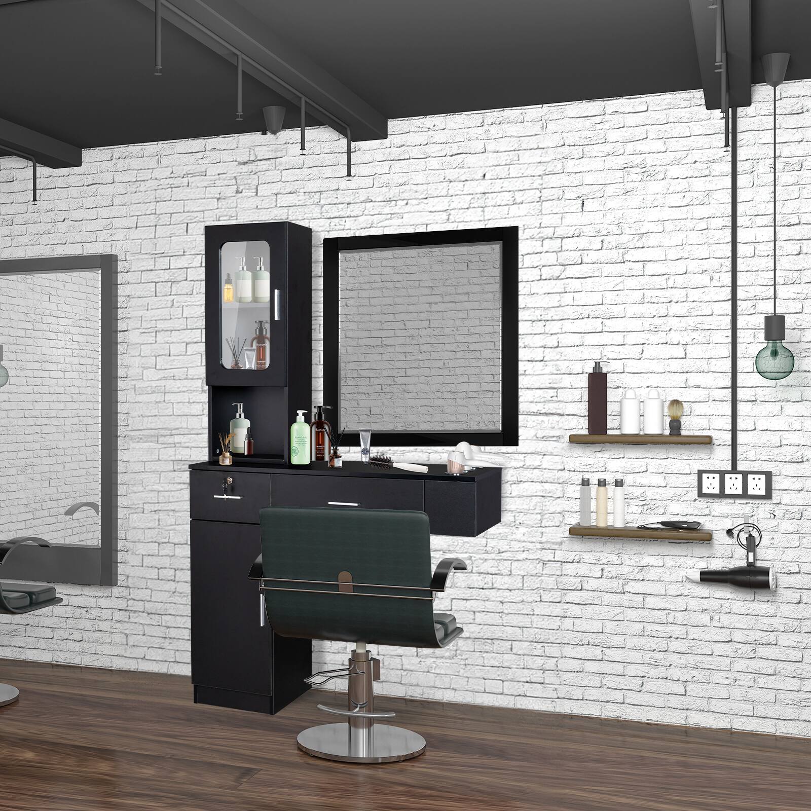 Alt View 4. Winado - Wall Mount Barber Salon Stations Makeup Vanity Desk with Bottom Cabinet, Drawers, Hair Dryer Holder for Makeup Beauty - Black.
