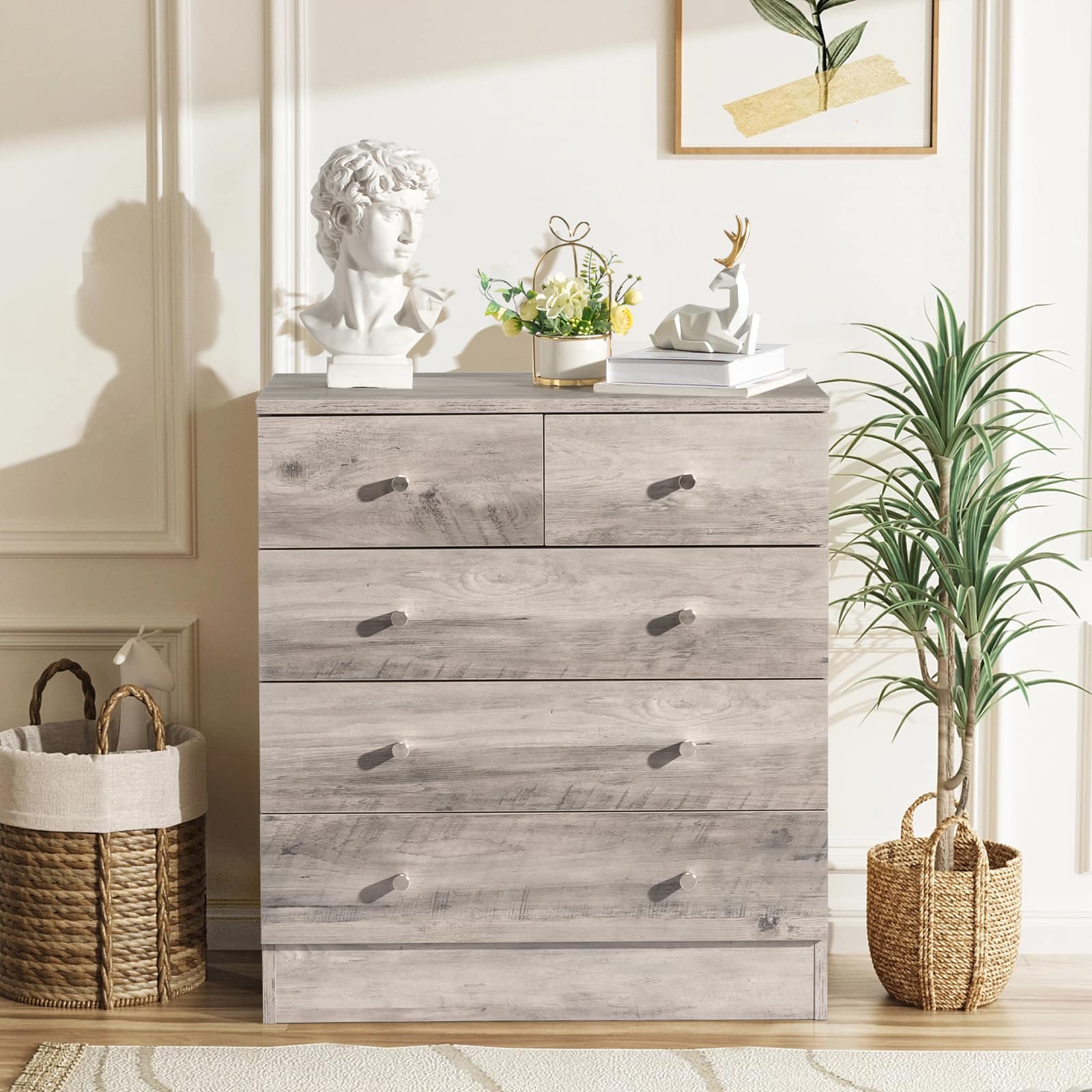 Front. Kadyn - 5 Drawer Dresser with Gold Handle, Nursery Dresser Chest Of Drawers Organizer - Gray.