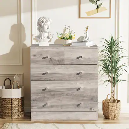 Front. Kadyn - 5 Drawer Dresser with Gold Handle, Nursery Dresser Chest Of Drawers Organizer - Gray.