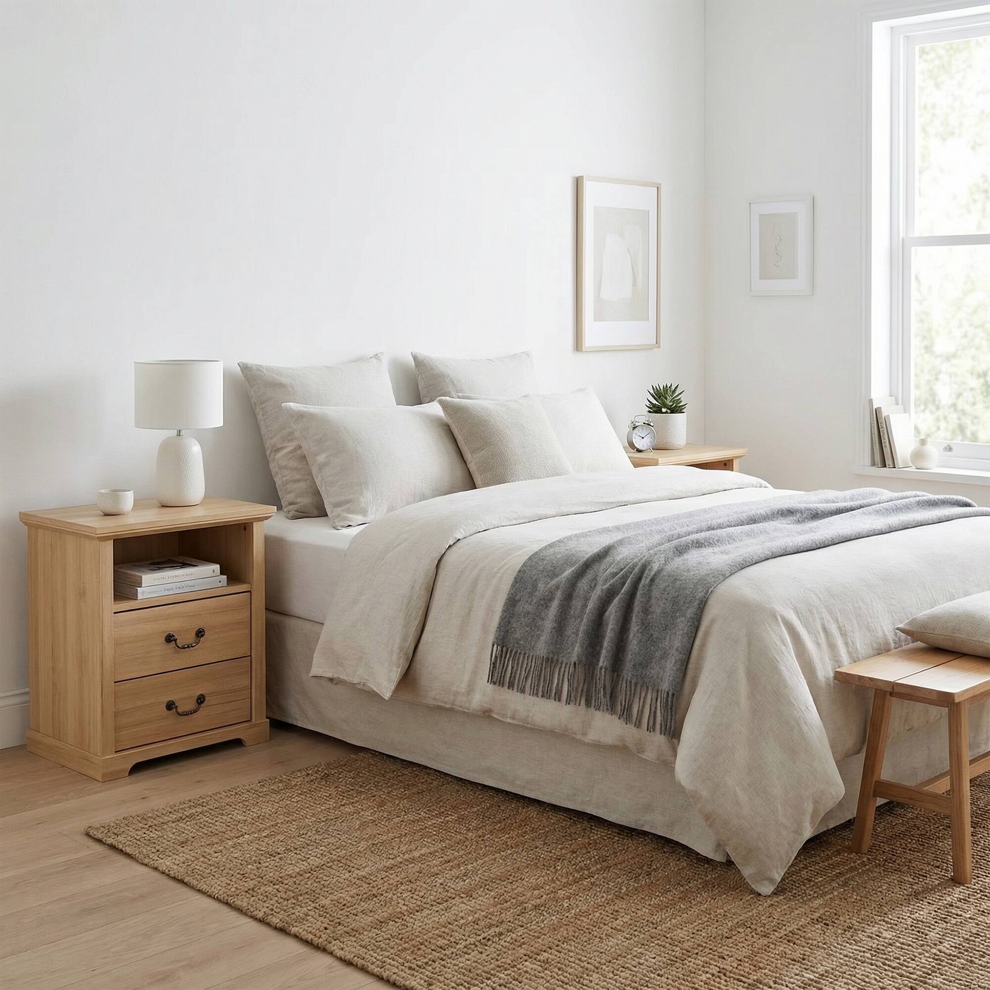 Angle. Vaczon - Rustic Natural Nightstands (Set of 2) with Open Shelf and 2 Drawers - Natural.