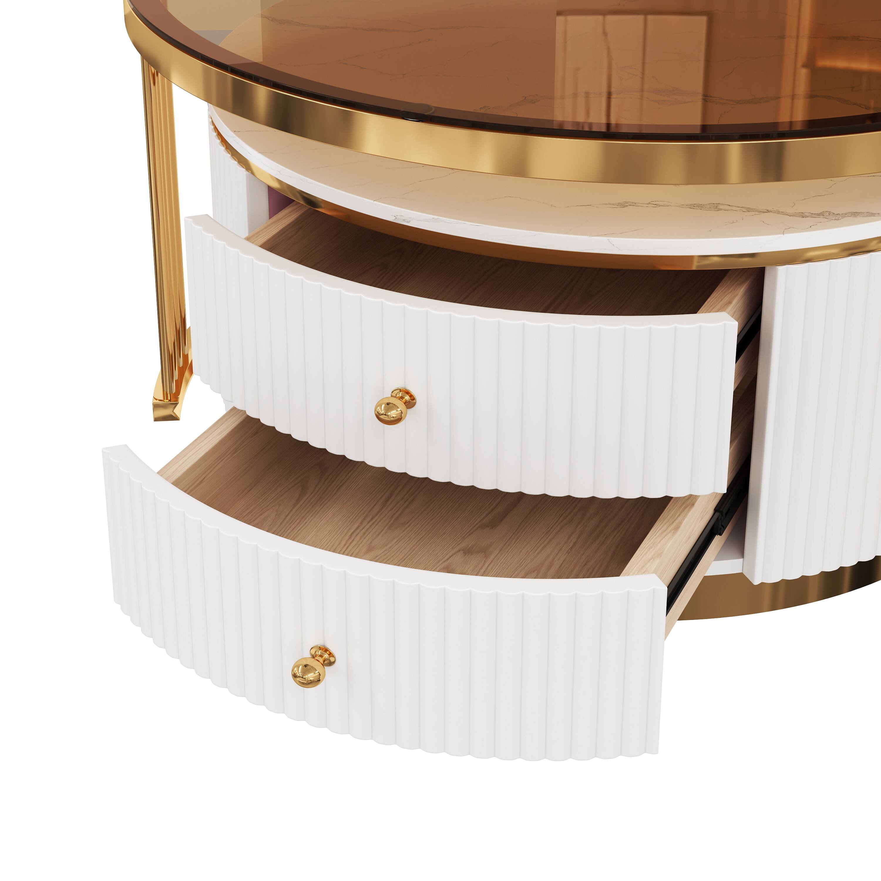 Alt View 9. Loheer - 2-Piece Round Nesting Coffee Table Set with Drawers and Tempered Glass Top, 27.6 in - Brown,White.