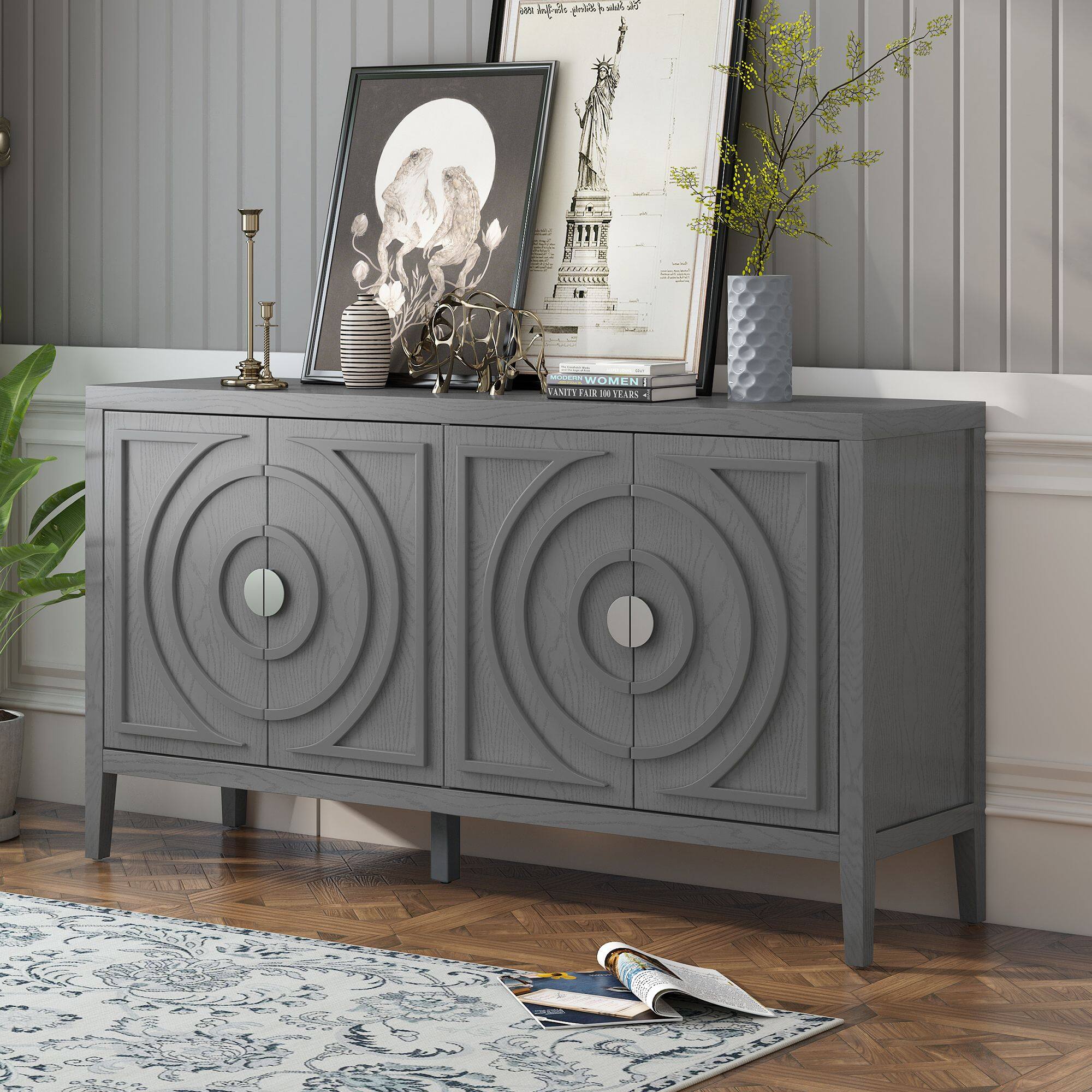 Mirfee - Retro Sideboard with Circular Groove Design, Round Metal Handle, for Entrance Dining Room - Gray