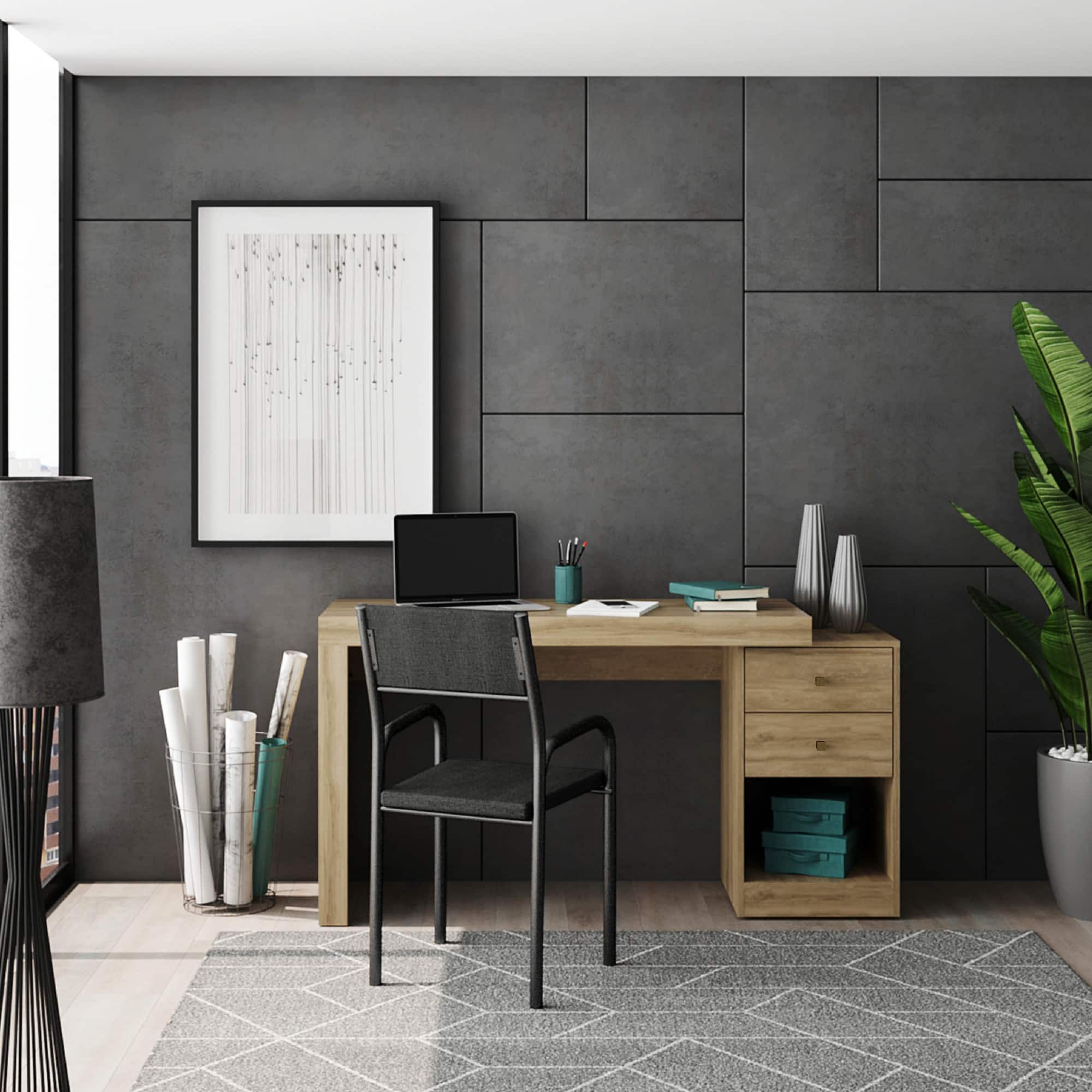 GOODSILO - Expandable Home Office Desk with Storage Drawers and Shelf - Light Brown