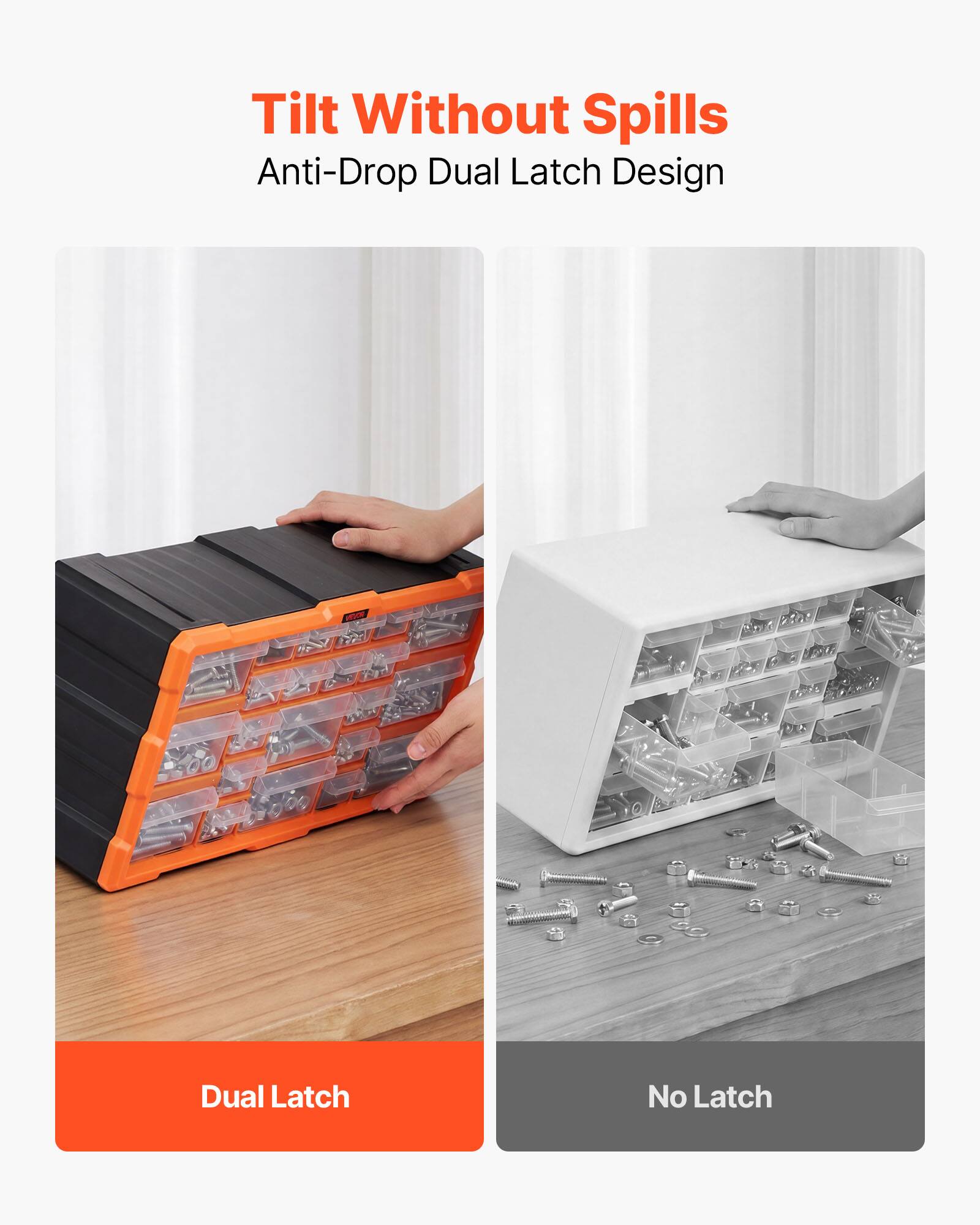 Tilt Without Spills  
Anti-Drop Dual Latch Design  

Dual Latch  
No Latch
