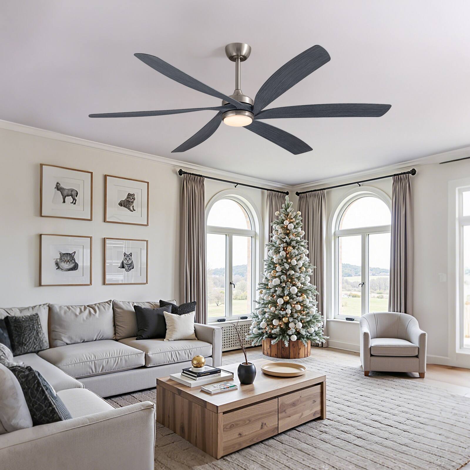 Left. Siljoy - 64" Modern Silent Ceiling Fan, Reversible DC Motor, 6 Speeds, Timer, Natural Wind, Remote & APP Control, Indoor Outdoor - Brushed Nickel.