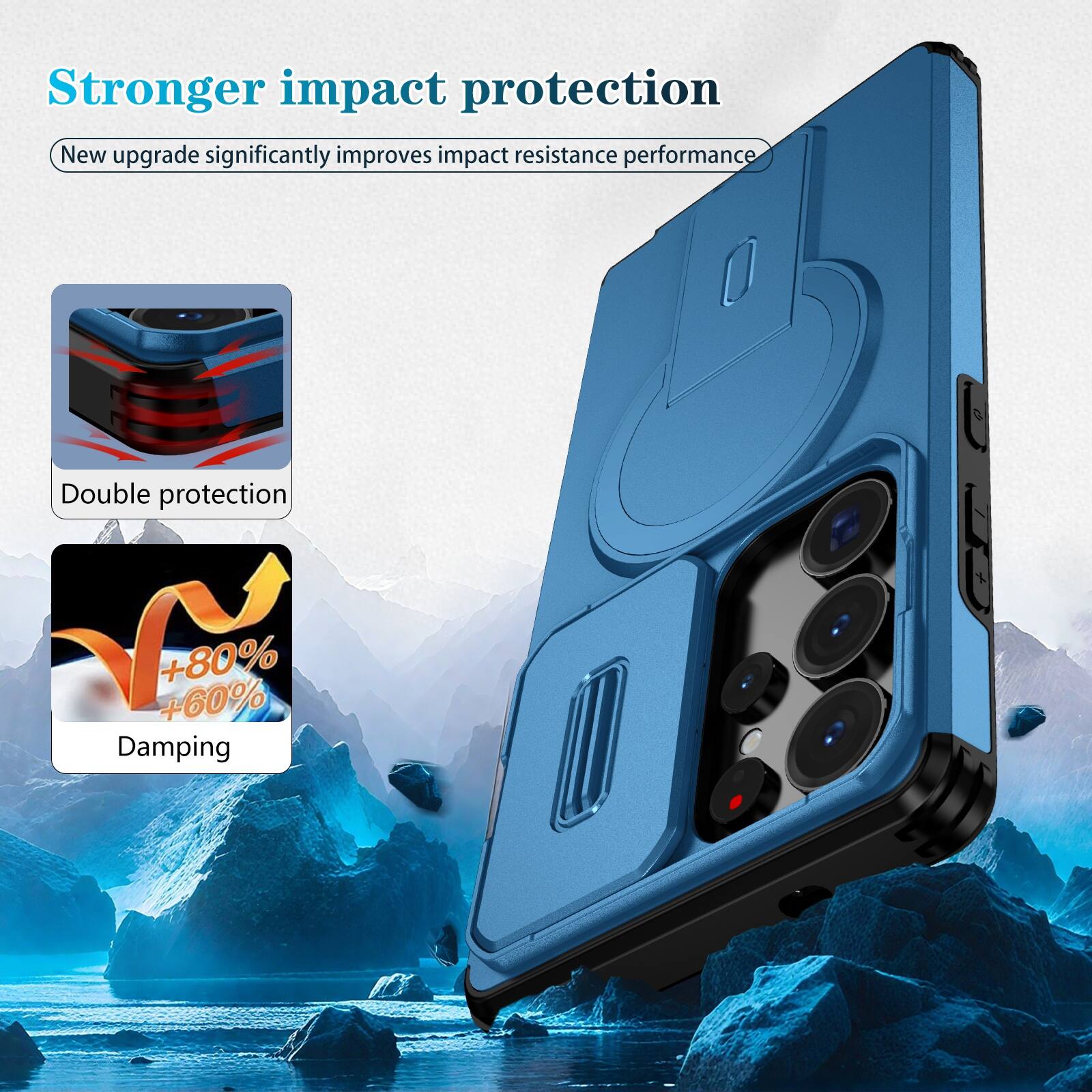 Stronger impact protection  
New upgrade significantly improves impact resistance performance  

Double protection  

+80% +60% Damping