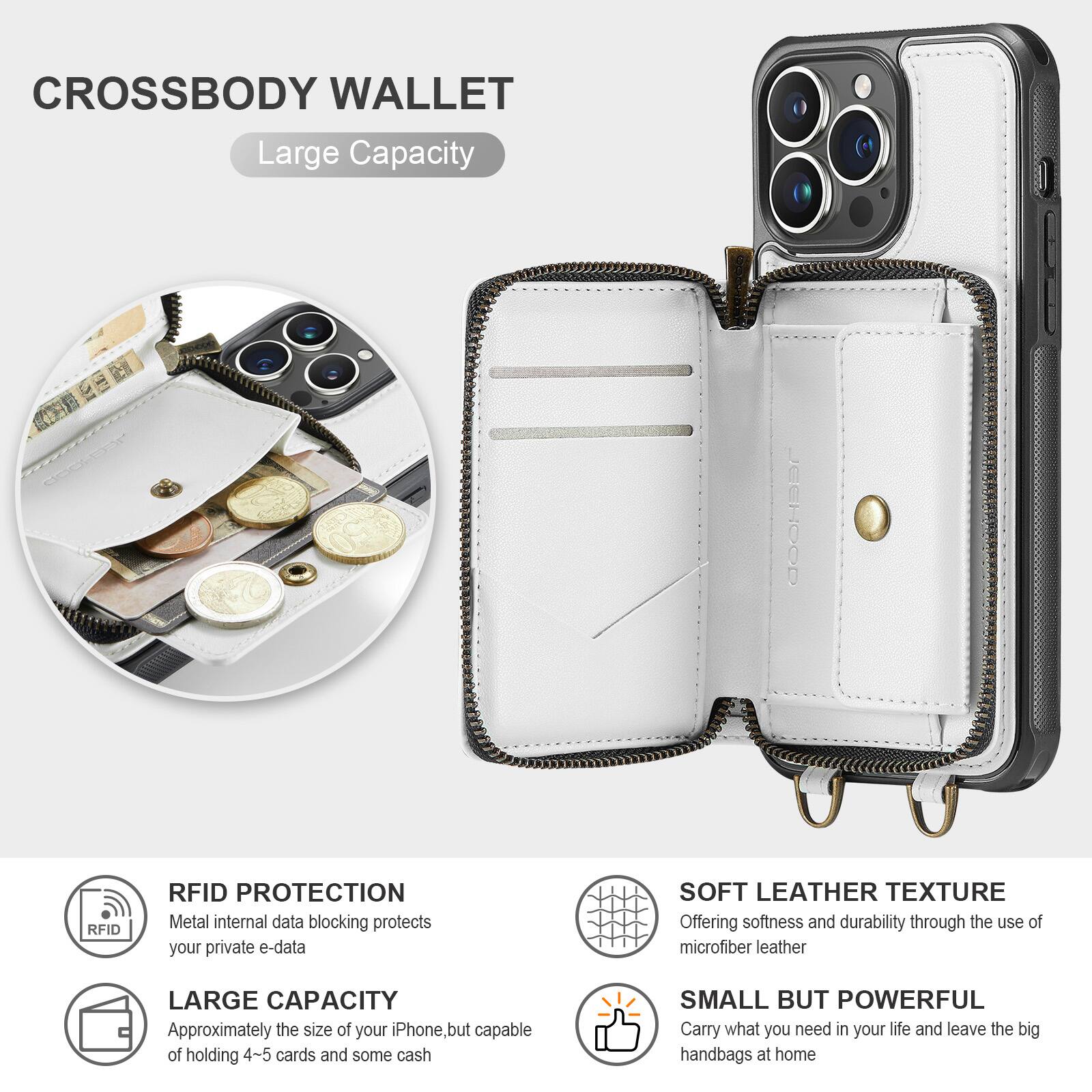 CROSSBODY WALLET  
Large Capacity

RFID PROTECTION  
Metal internal data blocking protects your private e-data

LARGE CAPACITY  
Approximately the size of your iPhone, but capable of holding 4-5 cards and some cash

SOFT LEATHER TEXTURE  
Offering softness and durability through the use of microfiber leather

SMALL BUT POWERFUL  
Carry what you need in your life and leave the big handbags at home
