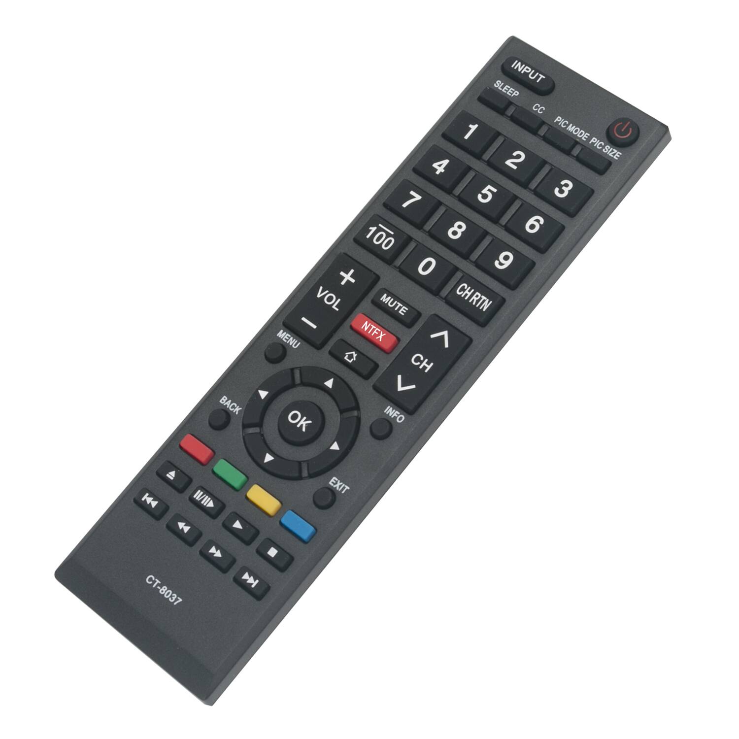 INPUT SLEEP CC PIC MODE PIC SIZE PIC 4 2 7 5 3 8 6 100 0 9 + VOL MUTE CHRTN - MENU NTFX > D CH V BACK INFO OK Y EXIT 144 /II 44 Y M CT-8037