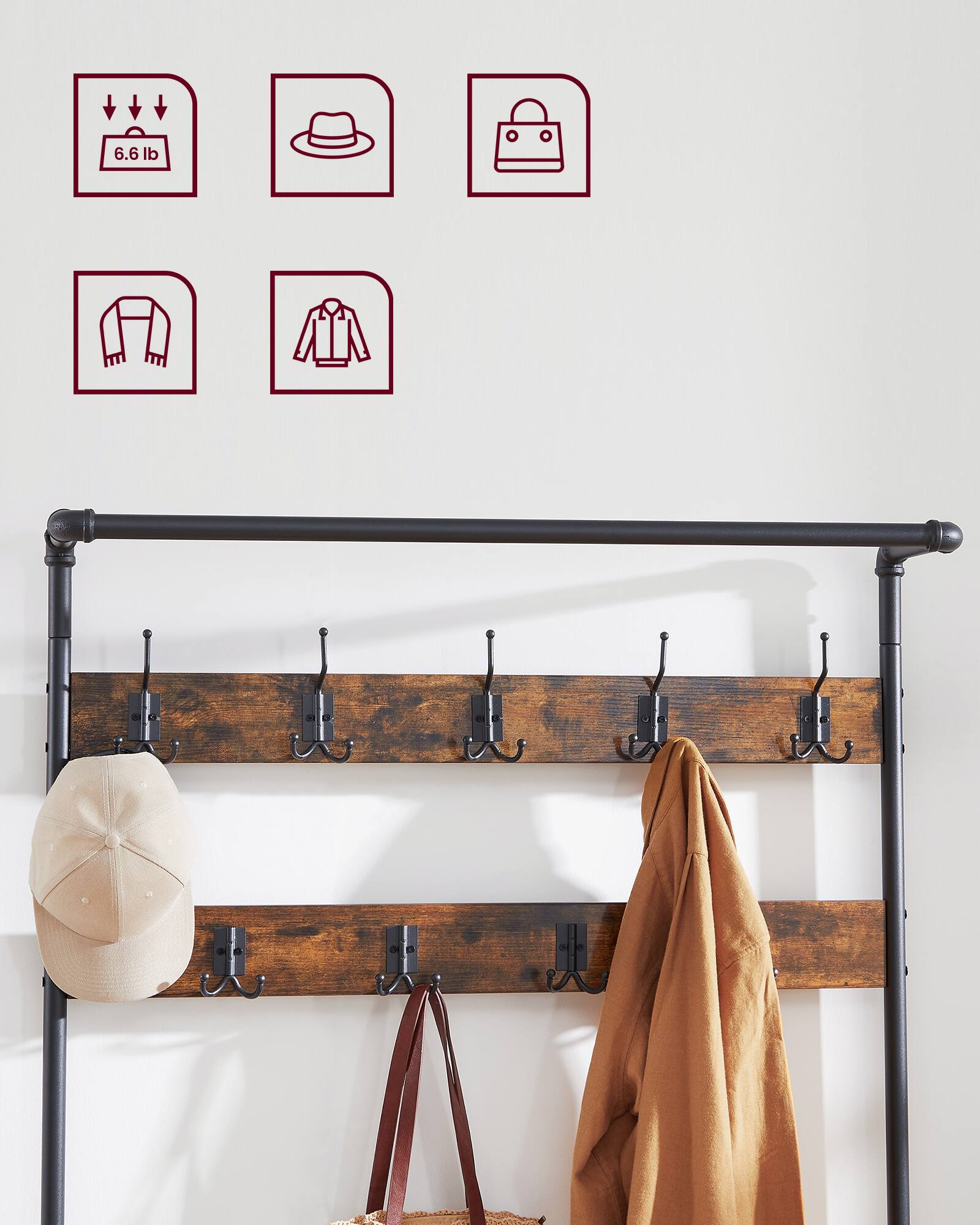 Alt View 1. Songmics Home - 3-in-1 Entryway Coat Rack and Storage Bench, Pipe Style Hall Tree with 9 Hooks, Multifunctional, Sturdy Steel Frame - Rustic Brown and Black.