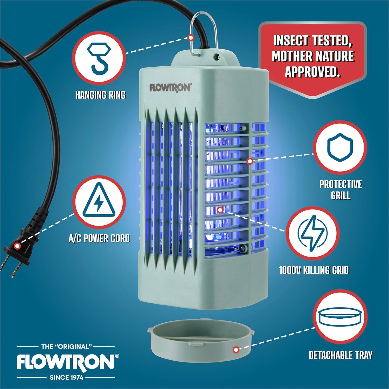 3 HANGING RING  
FLOWTRON INSECT TESTED, MOTHER NATURE APPROVED.  
PROTECTIVE GRILL  
A/C POWER CORD  
1000V KILLING GRID  
THE "ORIGINAL" FLOWTRON SINCE 1974  
DETACHABLE TRAY
