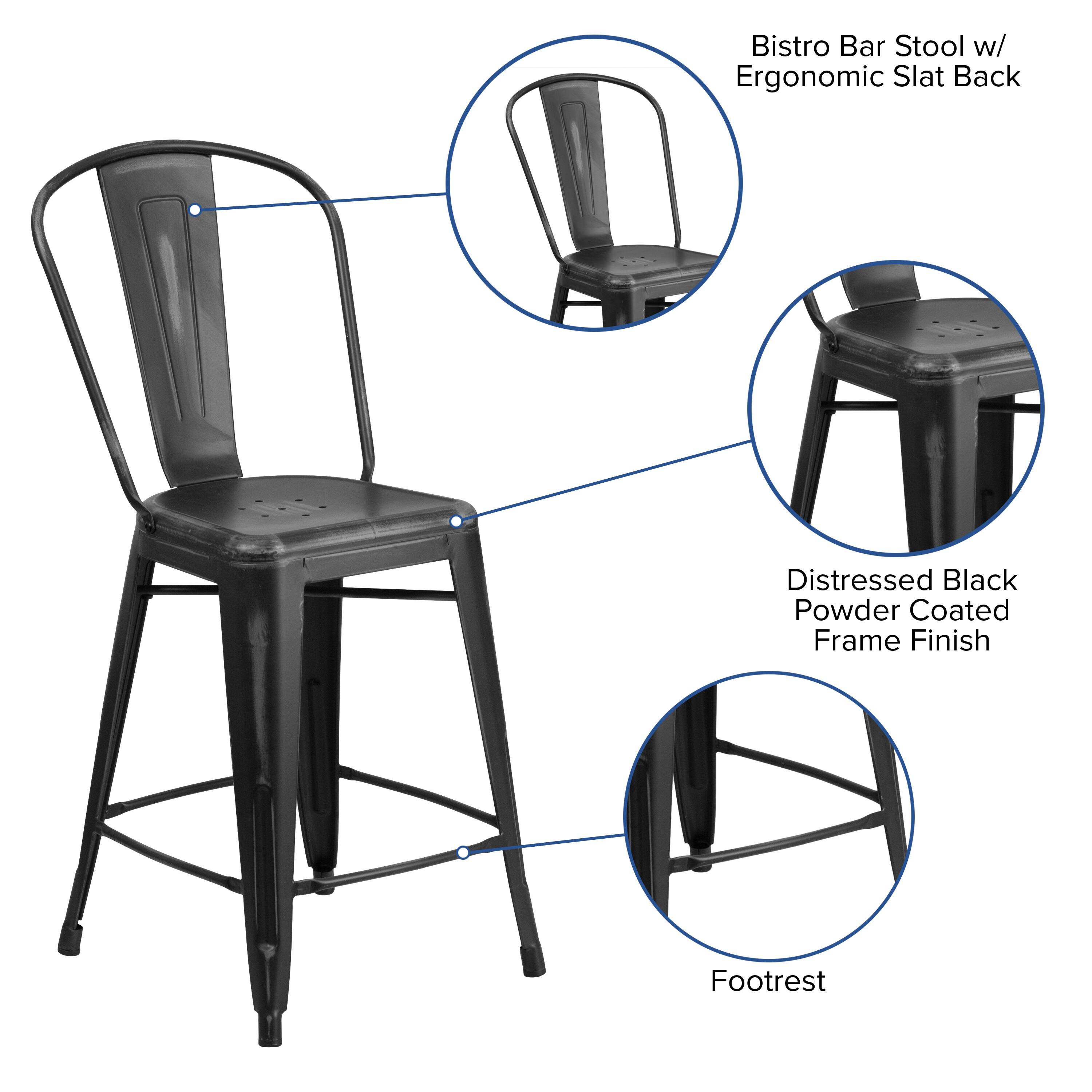 Bistro Bar Stool w/ Ergonomic Slat Back  
Distressed Black Powder Coated Frame Finish  
Footrest