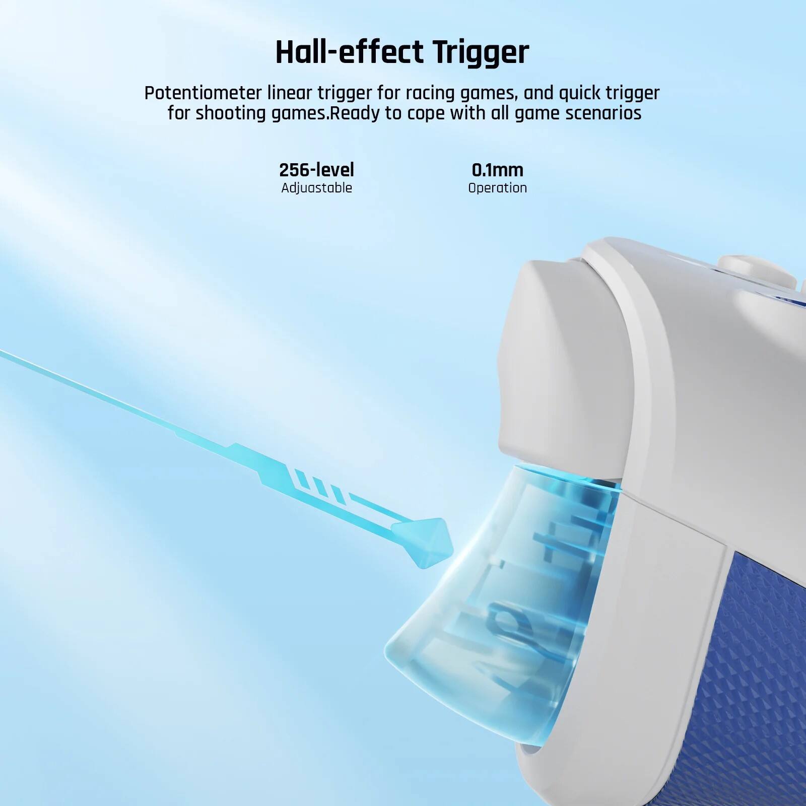 Hall-effect Trigger

Potentiometer linear trigger for racing games, and quick trigger for shooting games. Ready to cope with all game scenarios

256-level
Adjustable

0.1mm
Operation