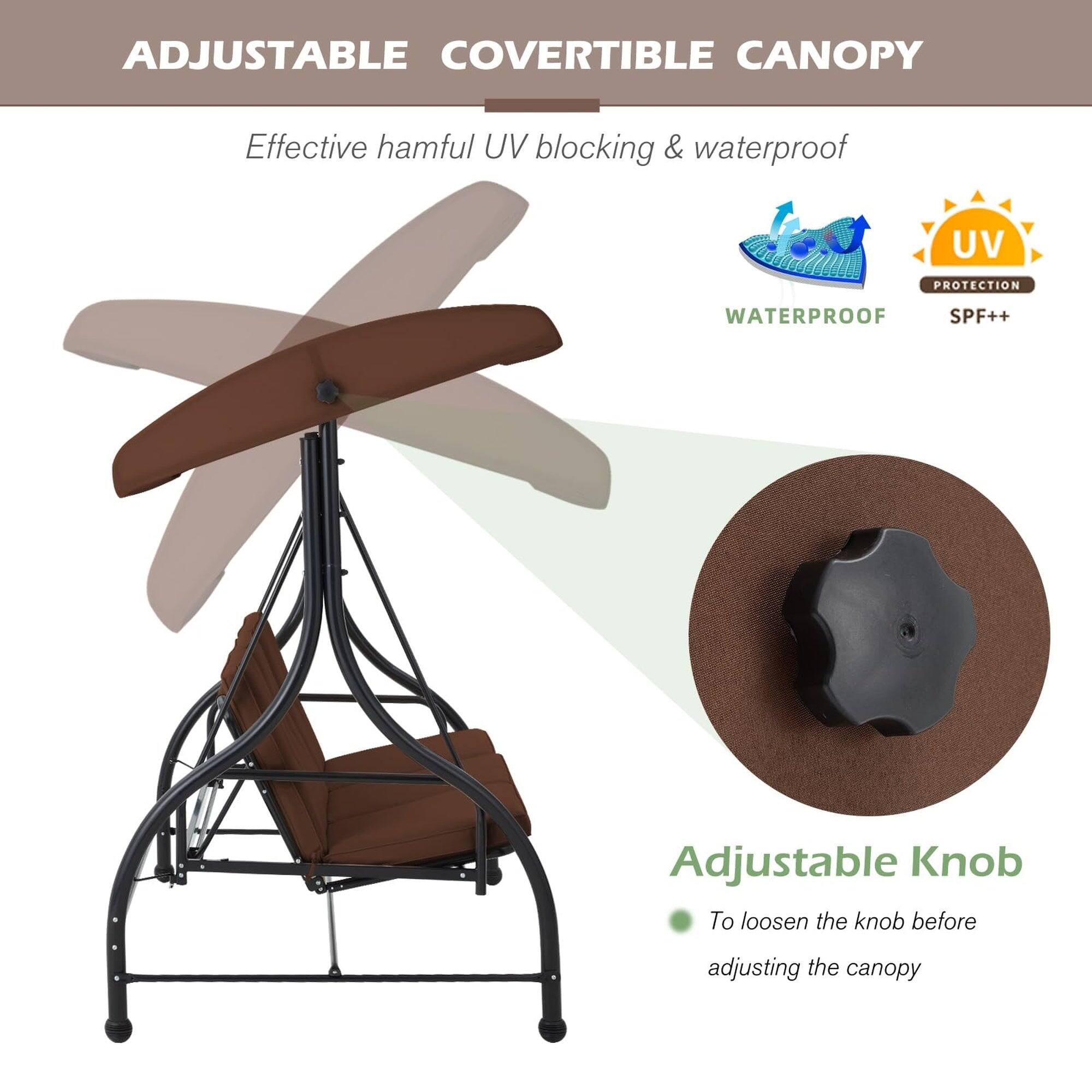 ADJUSTABLE COVERTIBLE CANOPY

Effective harmful UV blocking & waterproof

WATERPROOF SPF++

Adjustable Knob

To loosen the knob before adjusting the canopy