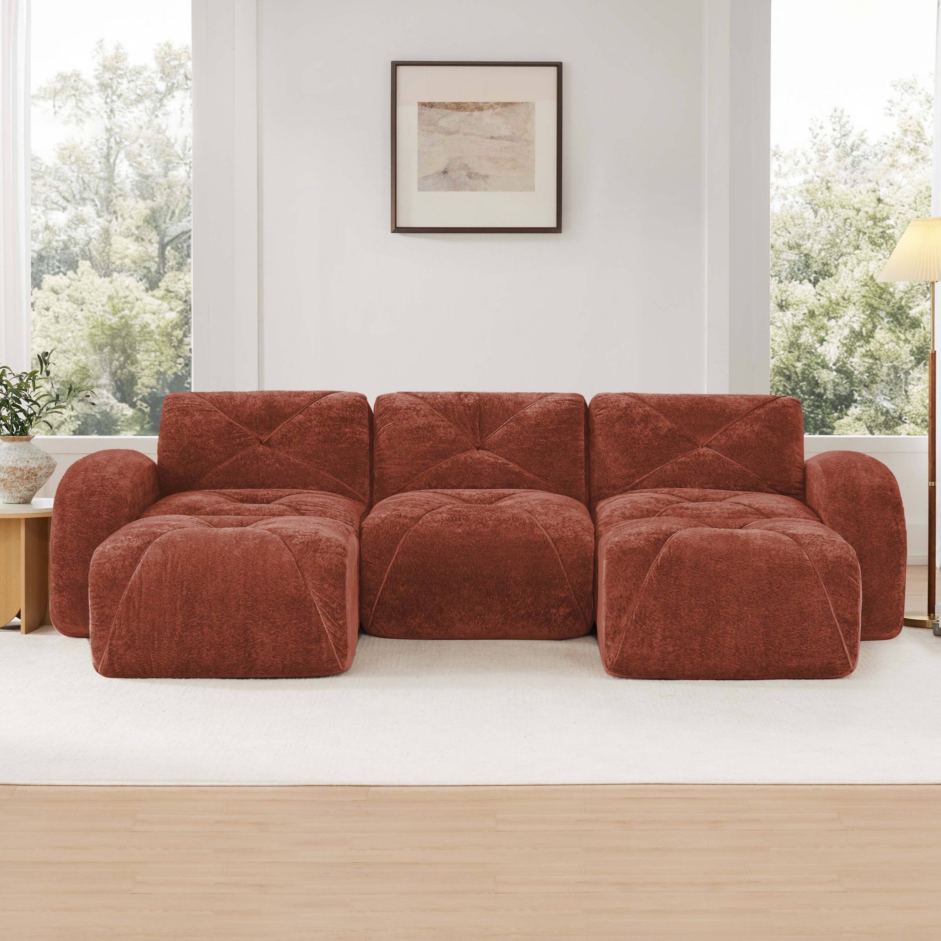 Alt View 1. Boyel Living - U Shaped Velvet Tufted Sofa Movable Ottomans 32D High Density Sponge Anti Slip Free Combo Study Theater Red - Red.