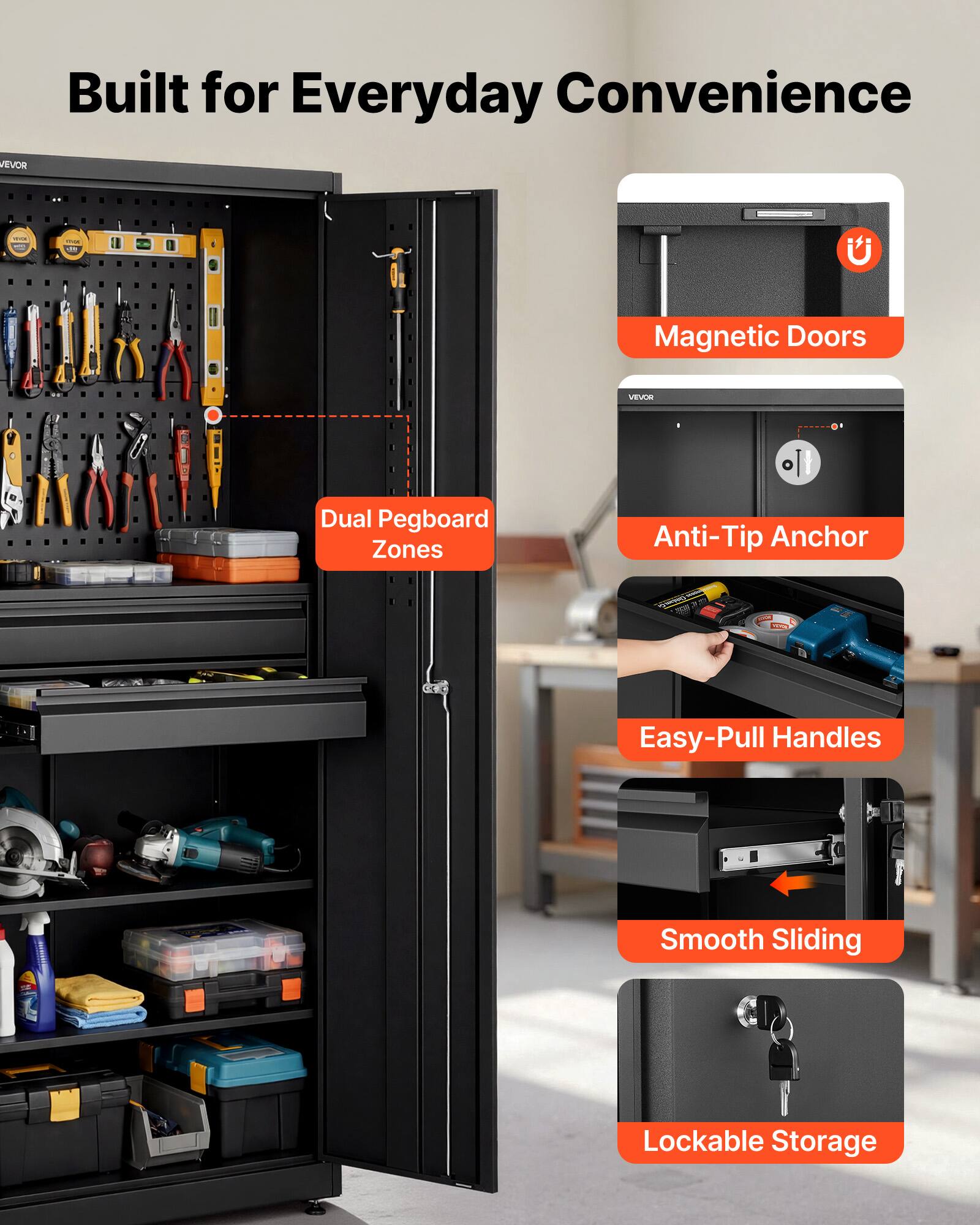 Built for Everyday Convenience

- Magnetic Doors
- Dual Pegboard Zones
- Anti-Tip Anchor
- Easy-Pull Handles
- Smooth Sliding
- Lockable Storage