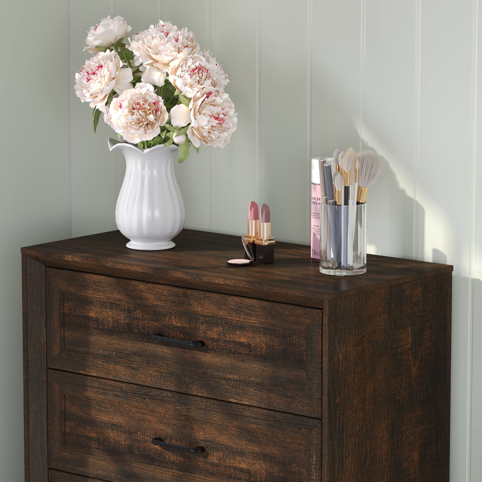 Alt View 7. FUFU&GAGA - Vintage Dark Wood Grain 5-Drawer Dresser, Modern Minimalist Design, Eco-Friendly MDF, Perfect for Bedroom, Living Room - Brown.